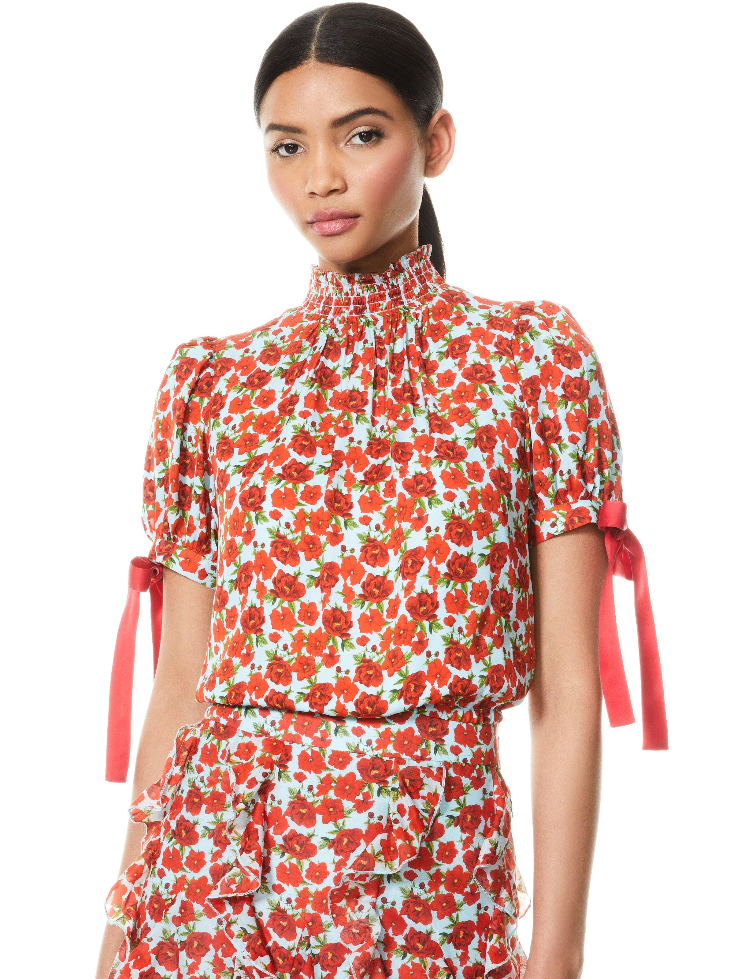 IRENE FLORAL MOCK NECK BLOUSE-FORGET ME NOT SM BRIGHT POPPY-ALICE + OLIVIA
