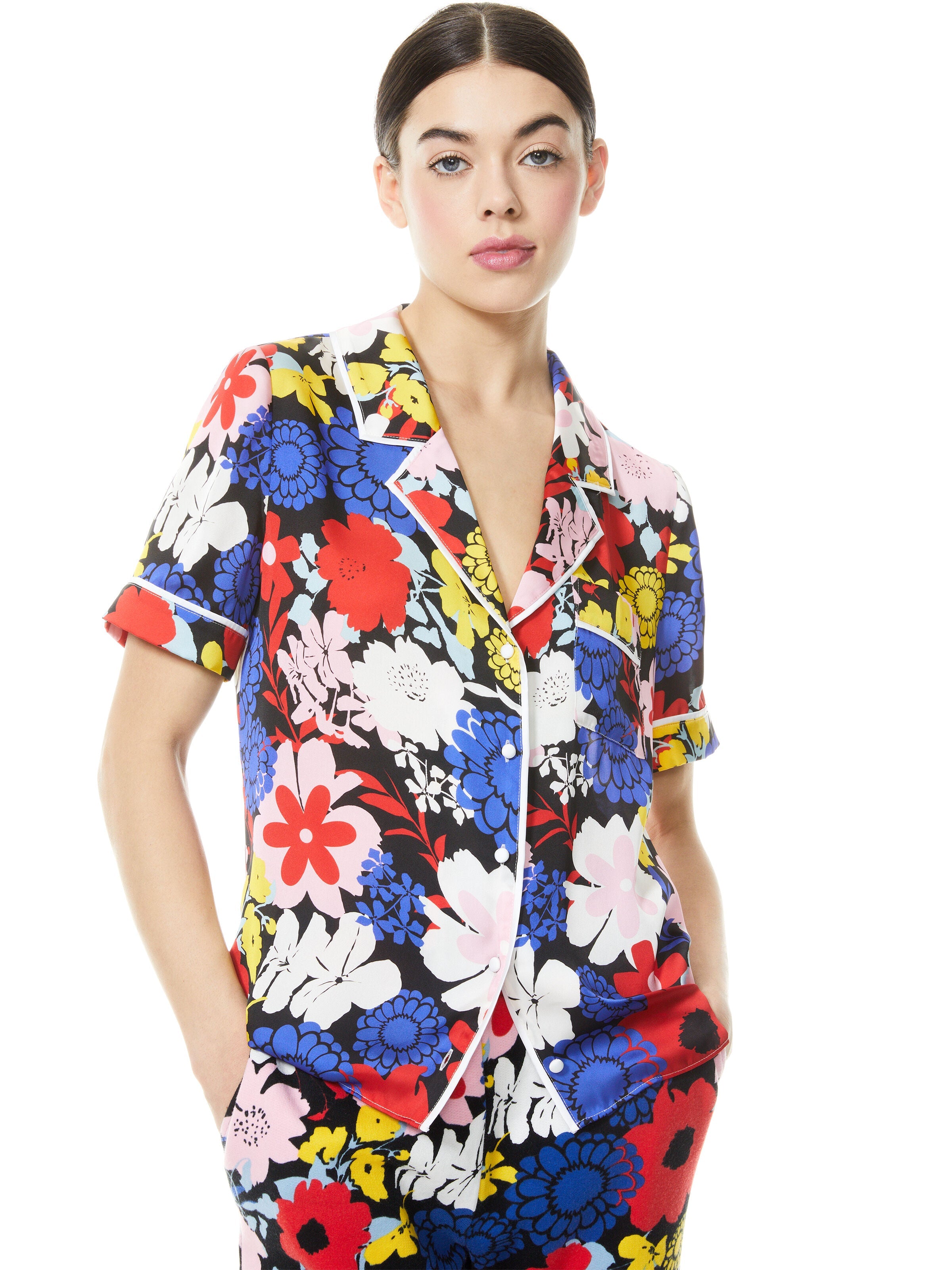RAMONA PIPED BUTTON DOWN TOP-ONE LOVE FLORAL SM-ALICE + OLIVIA