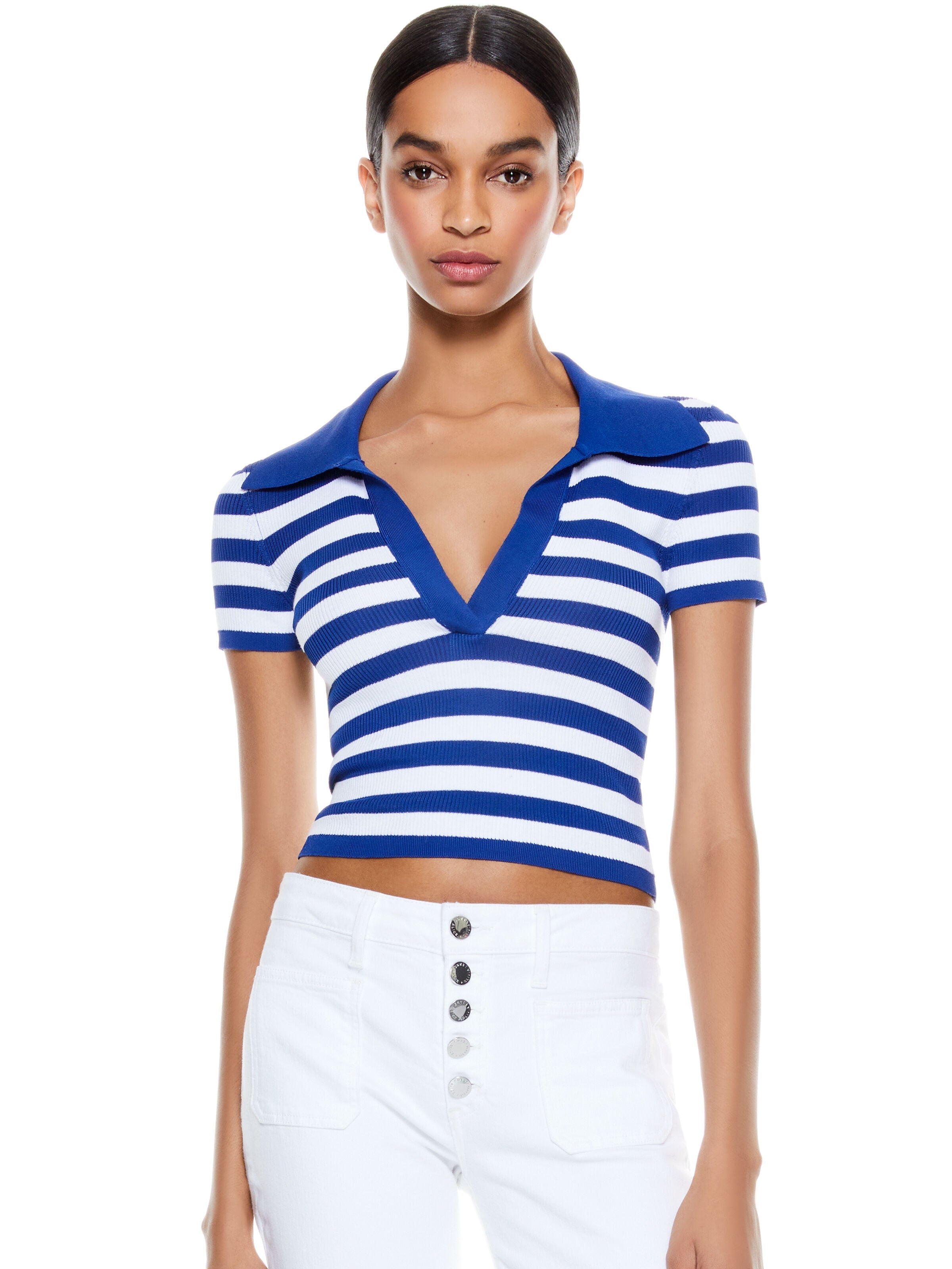 DARALEE FITTED POLO-BLUE EYES/SOFT WHITE-ALICE + OLIVIA