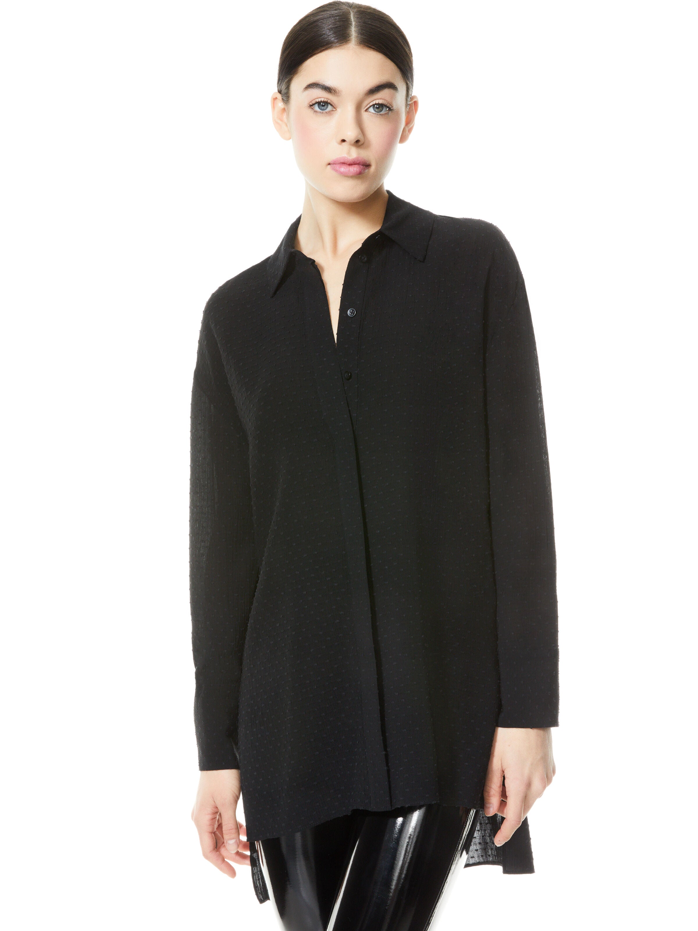 DIMITRA HIGH LOW BUTTON DOWN-Black-ALICE + OLIVIA