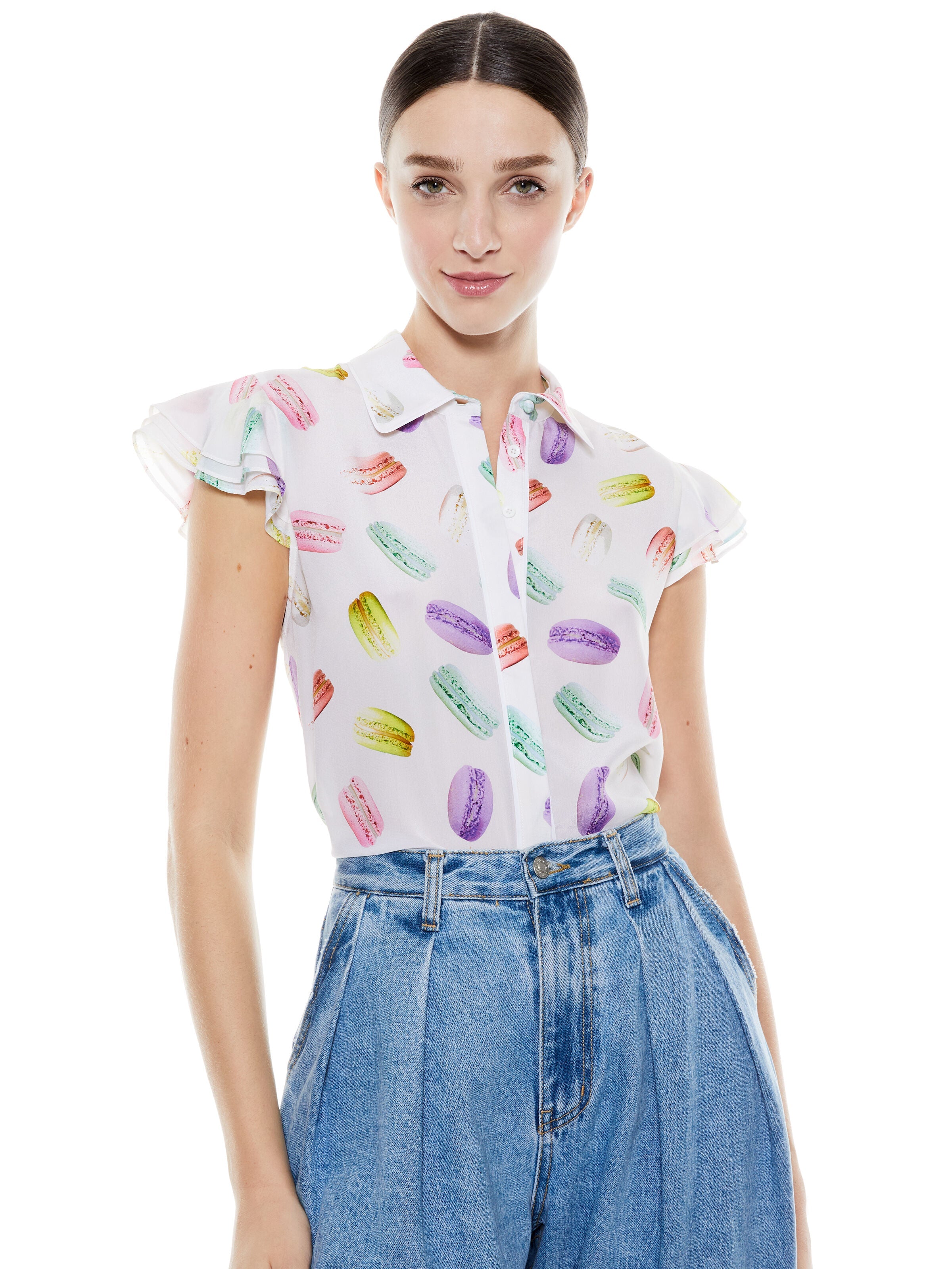 ELI FLUTTER SLEEVE BUTTON DOWN-SUNDAY MACAROONS-ALICE + OLIVIA