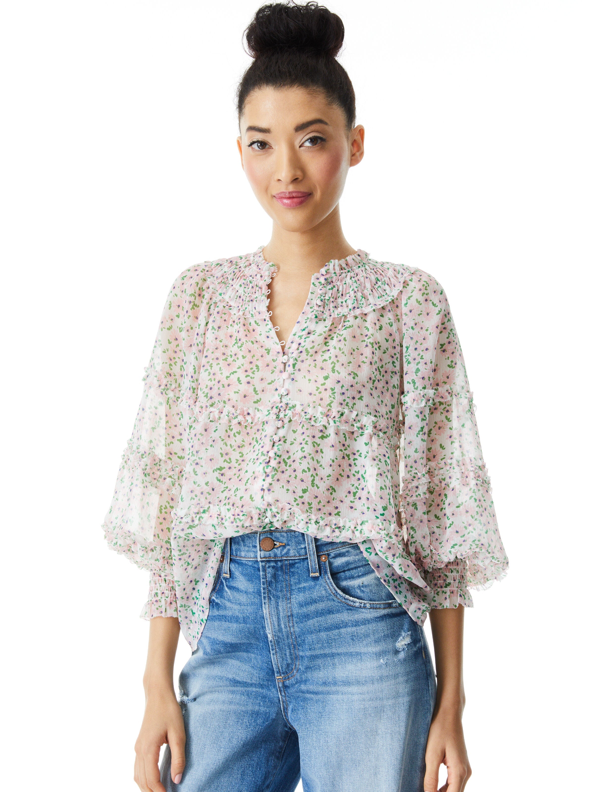 MARGERY BUTTON FRONT FLORAL BLOUSE-MONTEREY DITSY SOFT WHITE-ALICE + OLIVIA