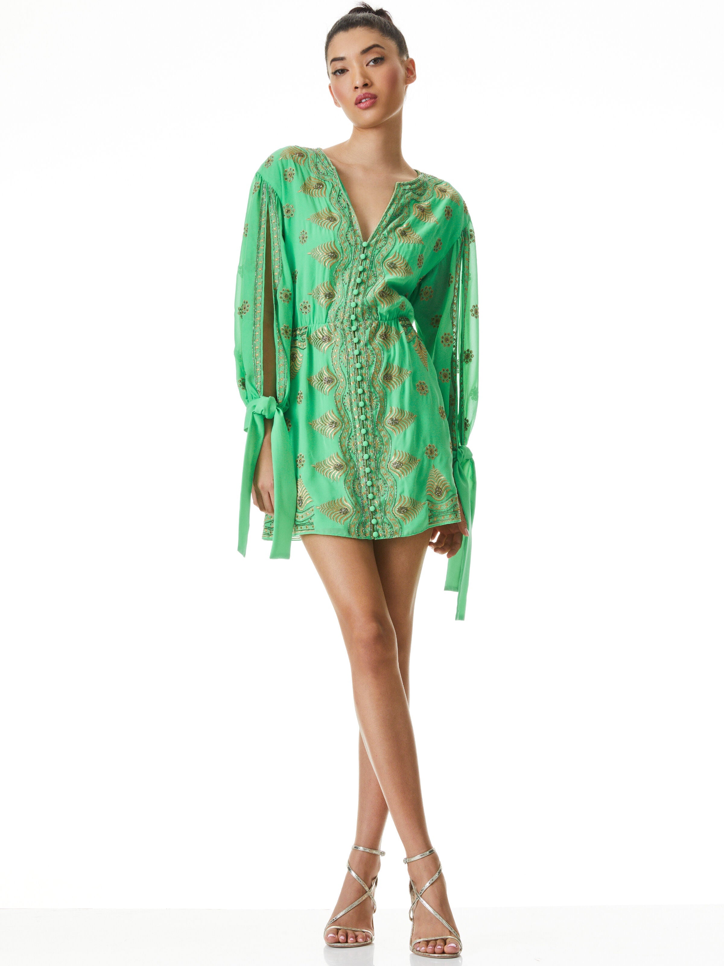 ZIA EMBROIDERED MINI DRESS-JADE/GOLD-ALICE + OLIVIA