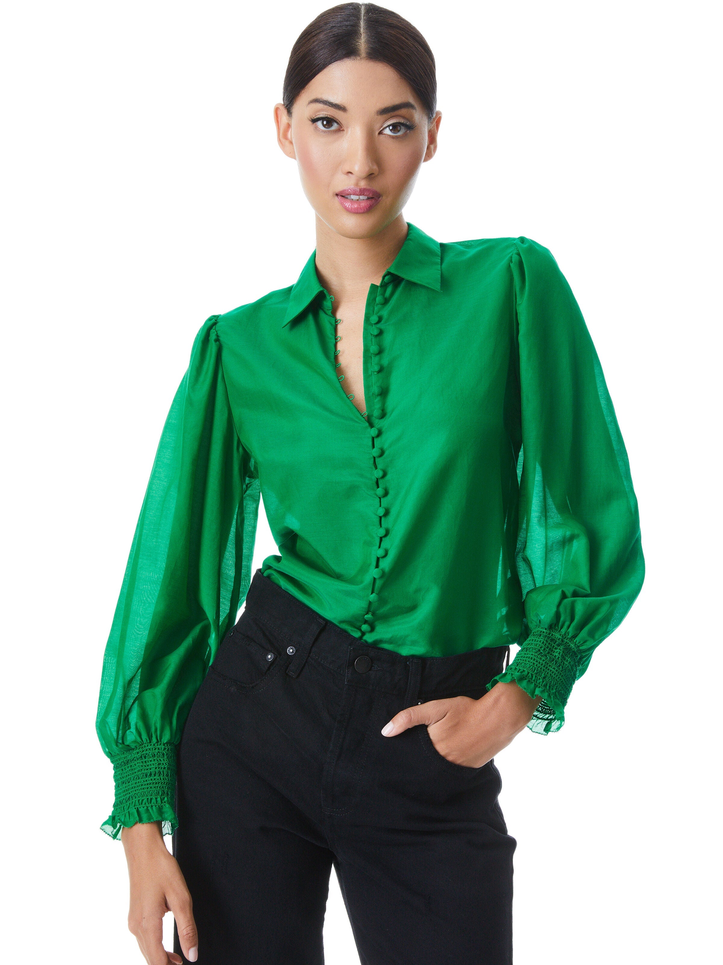 JOEY BUTTON FRONT BLOUSE-DARK EMERALD-ALICE + OLIVIA