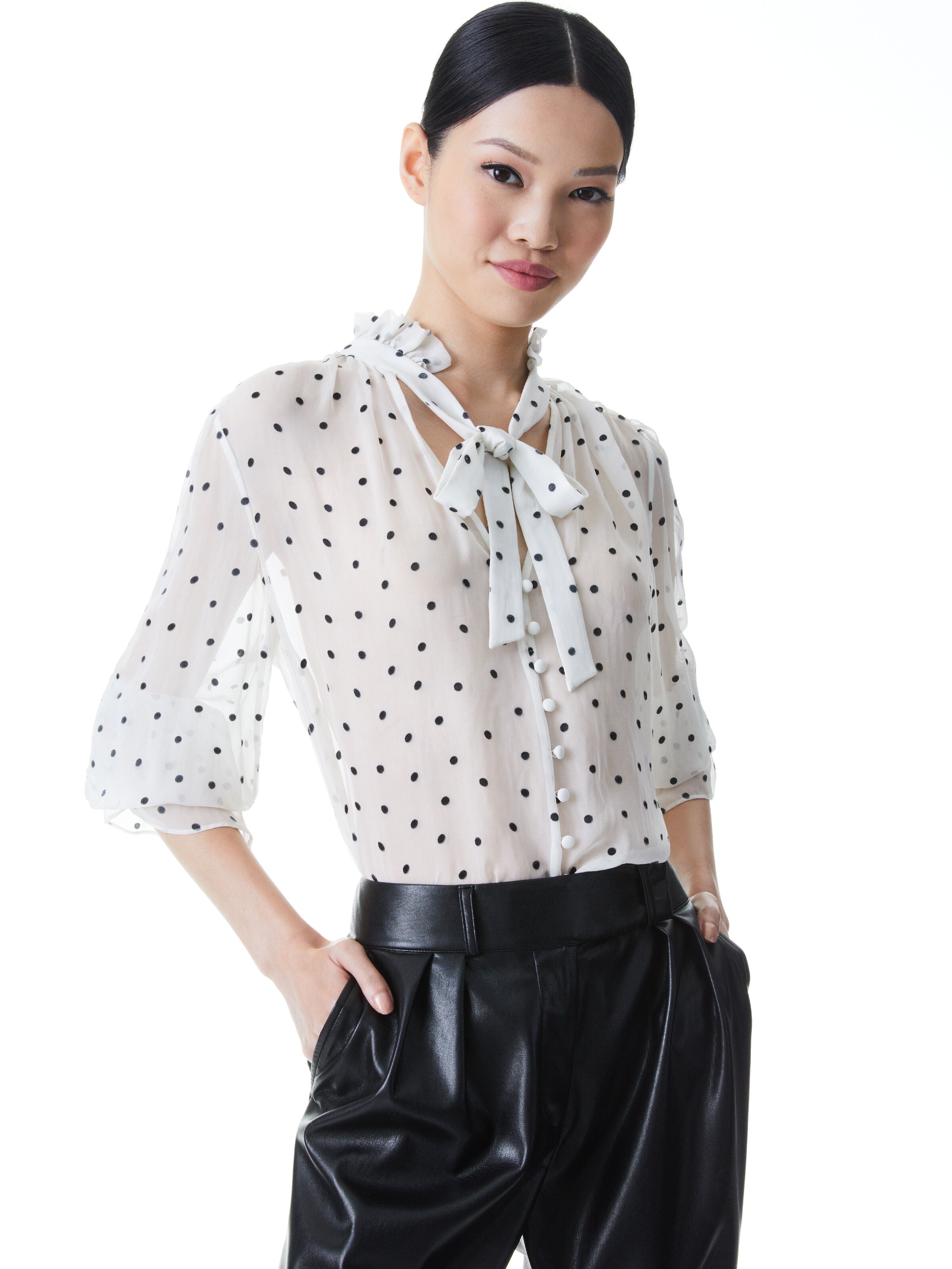 REILLY TIE NECK BLOUSE-CUTIE POLKA DOT ANTIQUE WHITE-ALICE + OLIVIA
