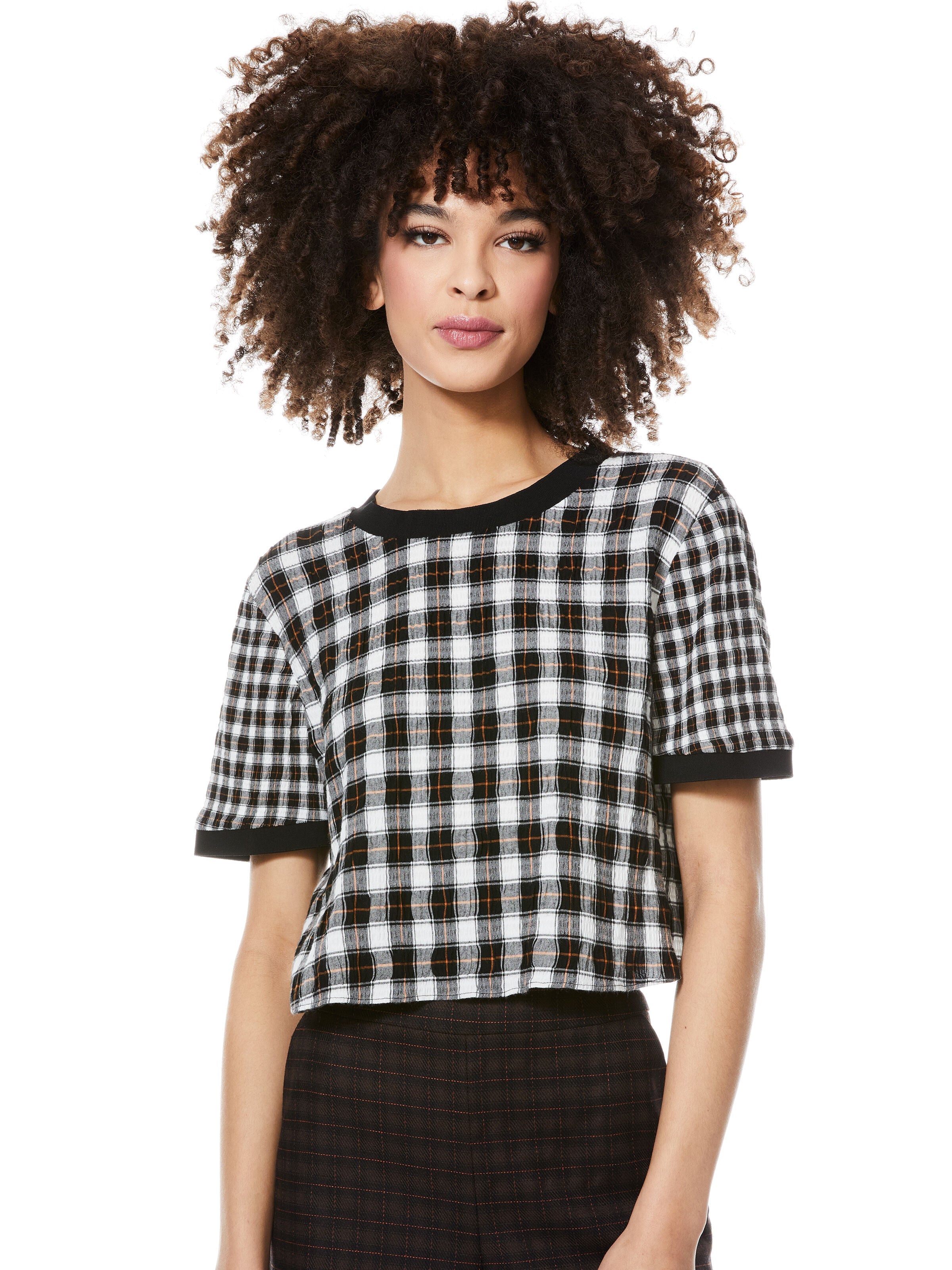 PIERA PLAID CROPPED TEE-SHAW PLAID LG BLACK-ALICE + OLIVIA