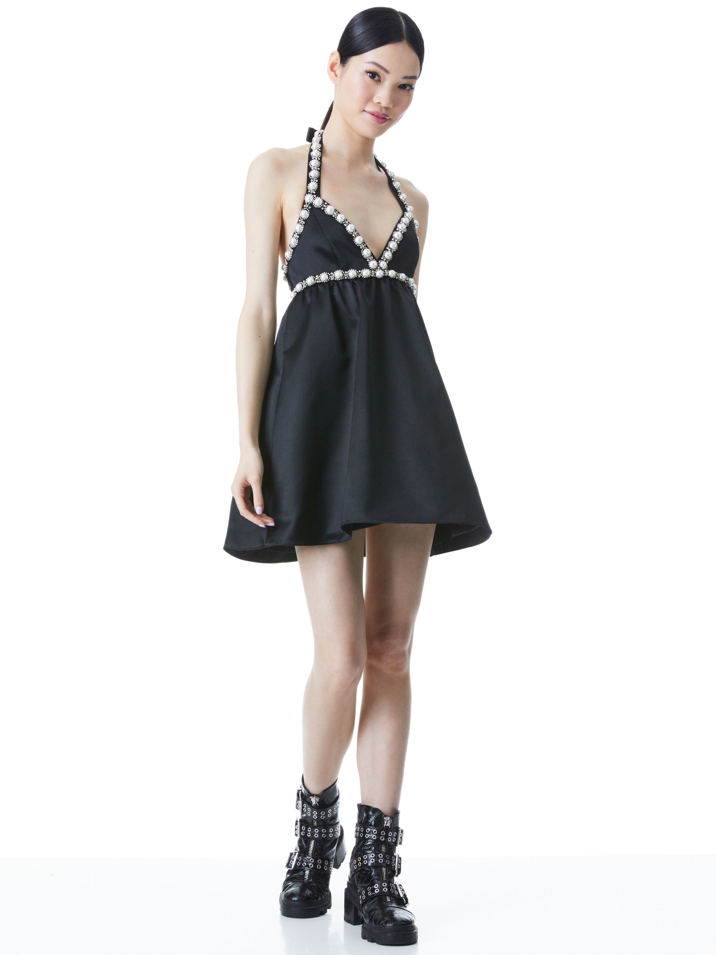 LAURENA EMBELLISHED TIE NECK MINI DRESS-ALICE + OLIVIA
