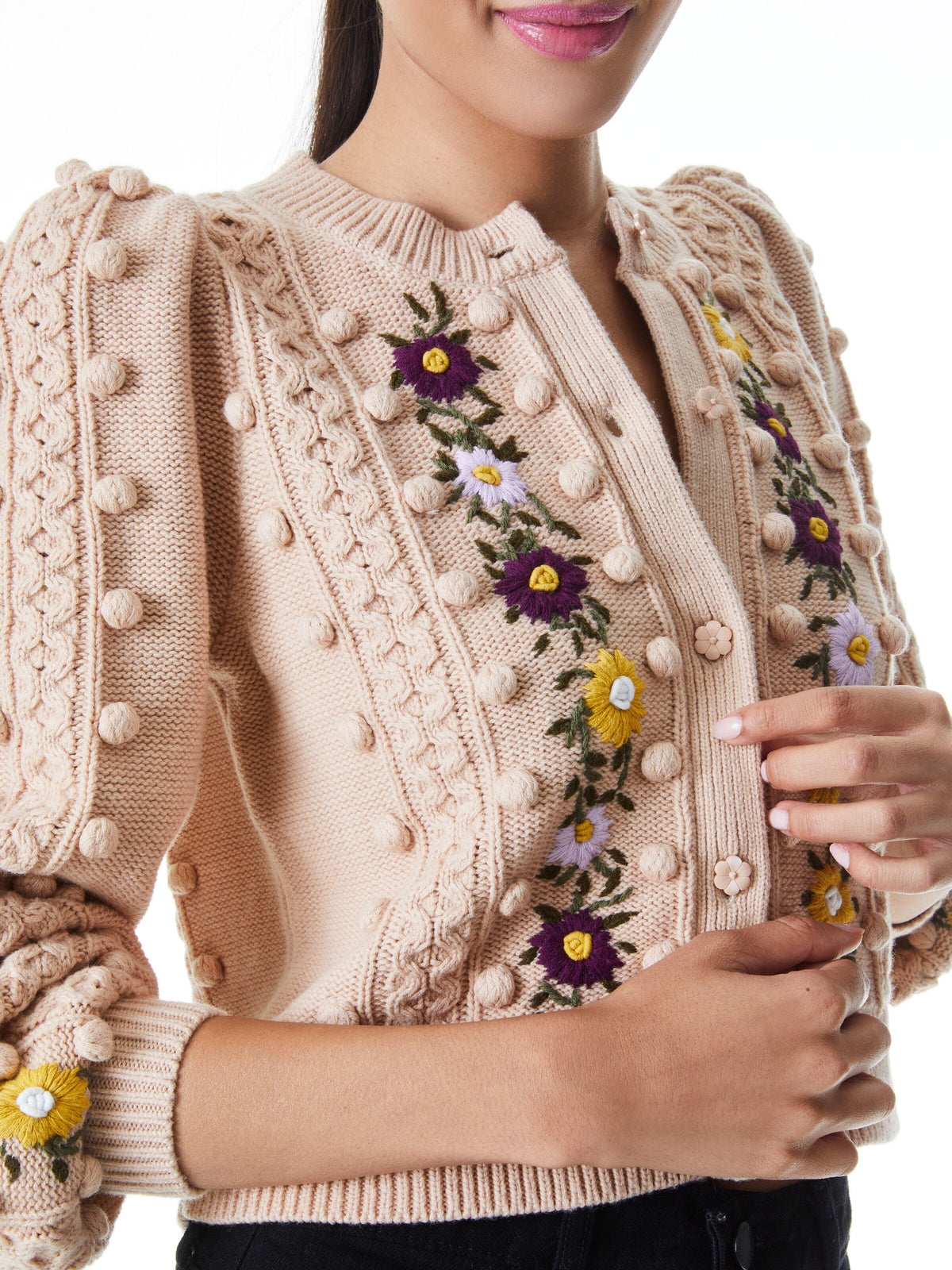 KITTY PUFF SLEEVE CARDIGAN-ALMOND/MULTI-ALICE + OLIVIA