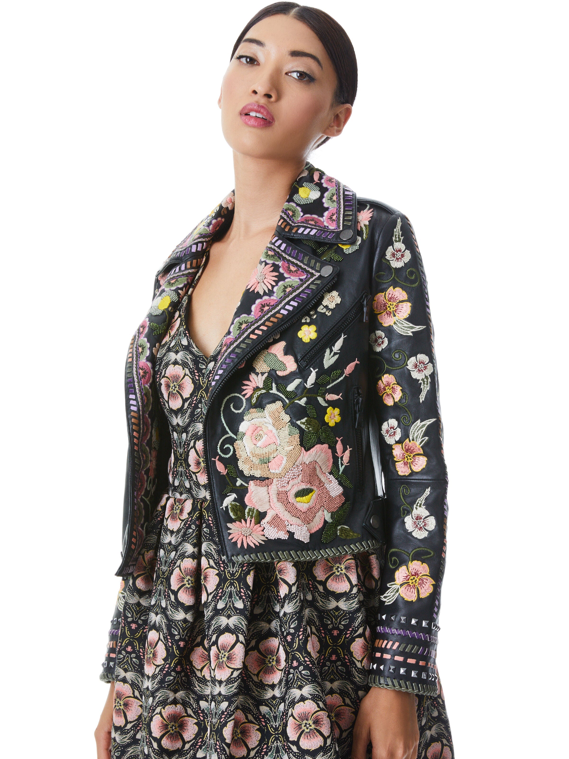 CODY EMBROIDERED LEATHER JACKET-BLACK/MULTI-ALICE + OLIVIA
