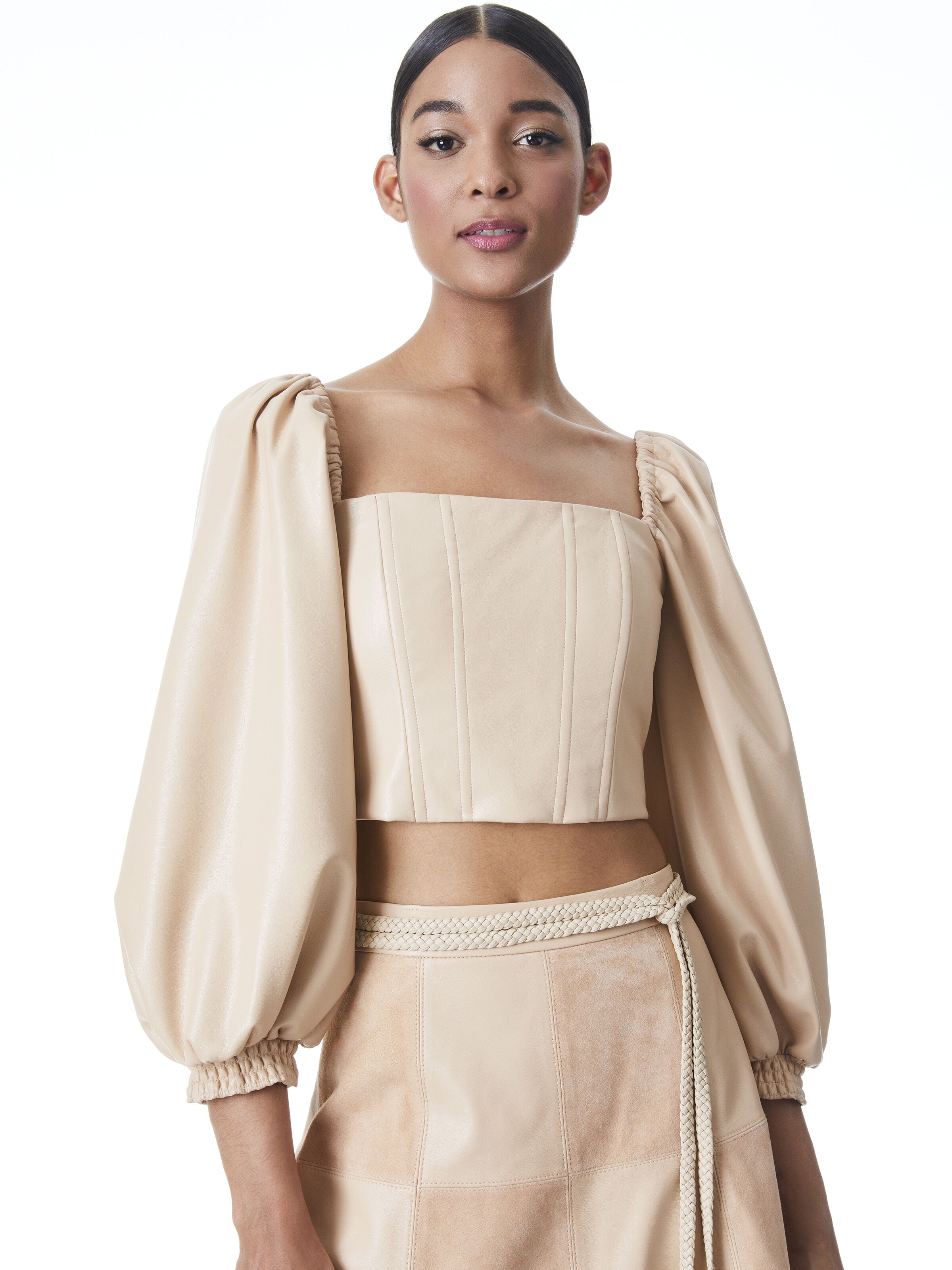 BRONTE VEGAN LEATHER BUSTIER TOP-ALICE + OLIVIA