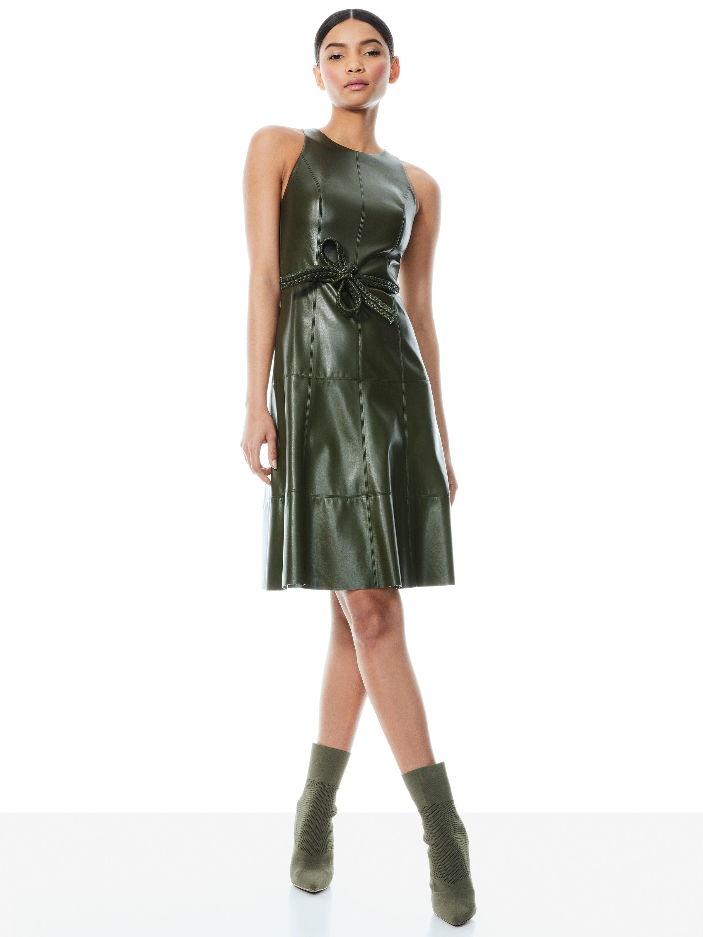 LEANDRA VEGAN LEATHER MIDI DRESS-ALMOND-ALICE + OLIVIA