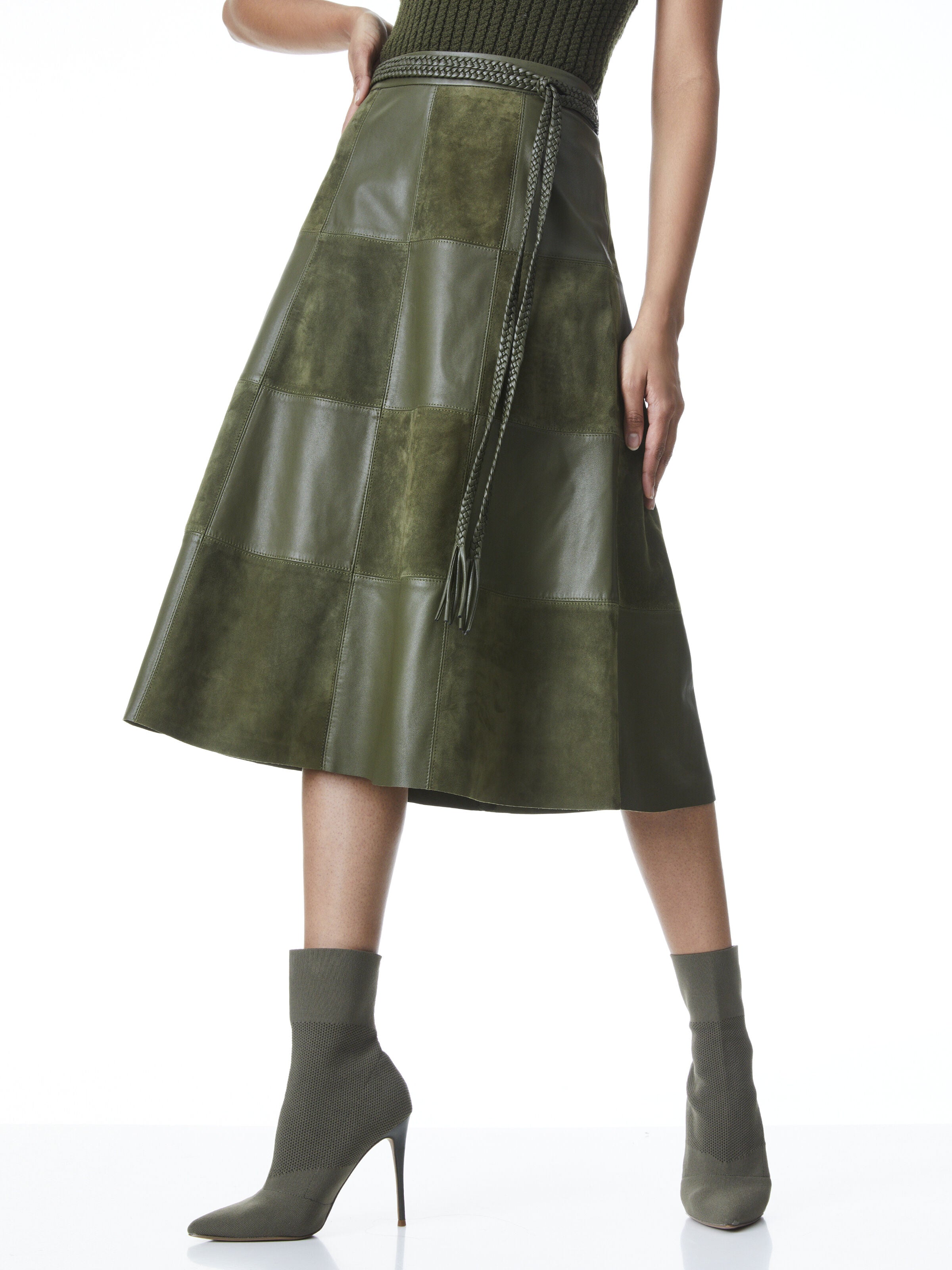 SOSIE SUEDE PATCHWORK MIDI SKIRT-ALMOND-ALICE + OLIVIA