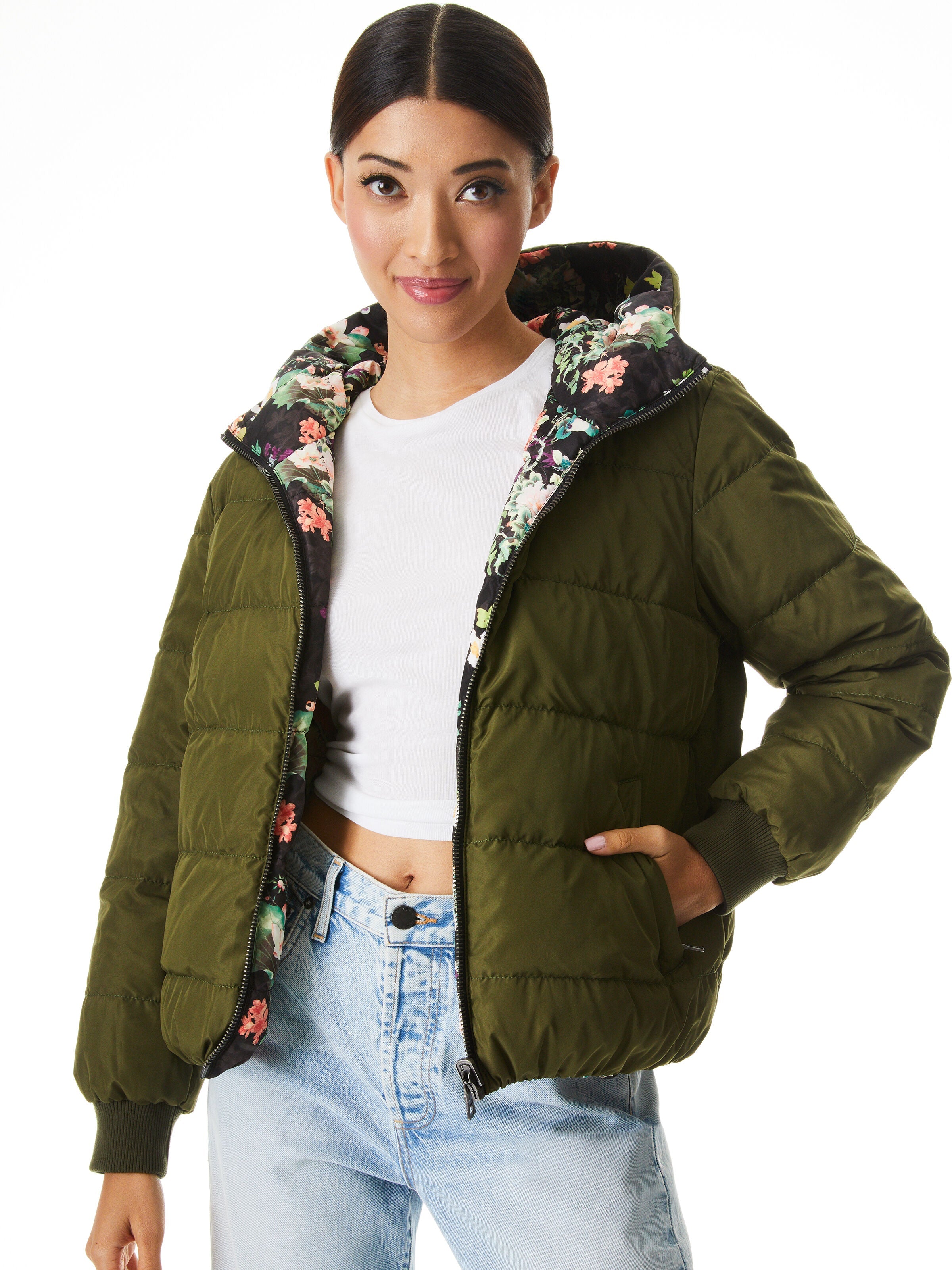 DURHAM REVERSIBLE HOODED PUFFER-ROMANCE BLACK/OLIVE-ALICE + OLIVIA