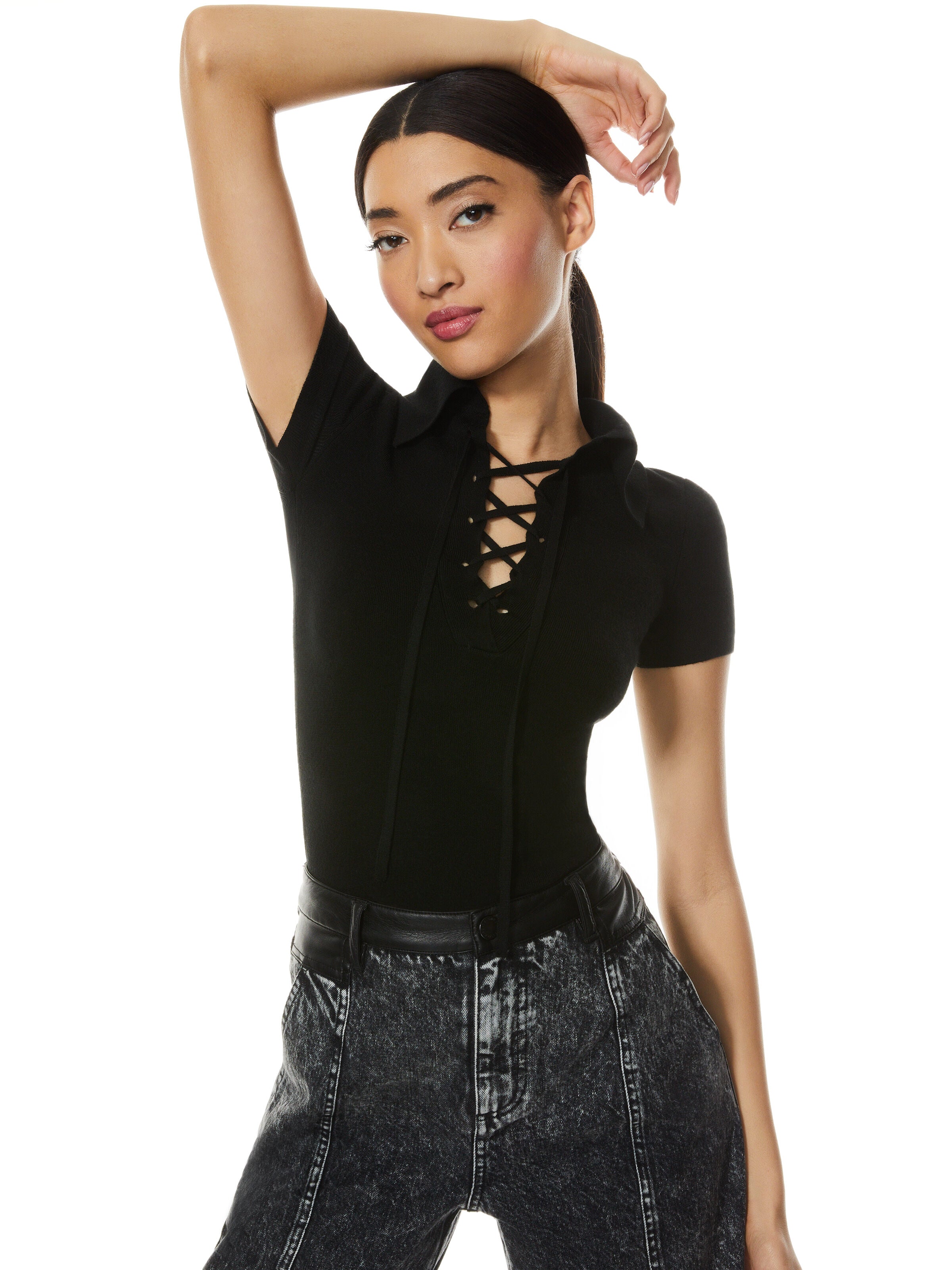 JANINE LACE UP POLO SWEATER-ALICE + OLIVIA