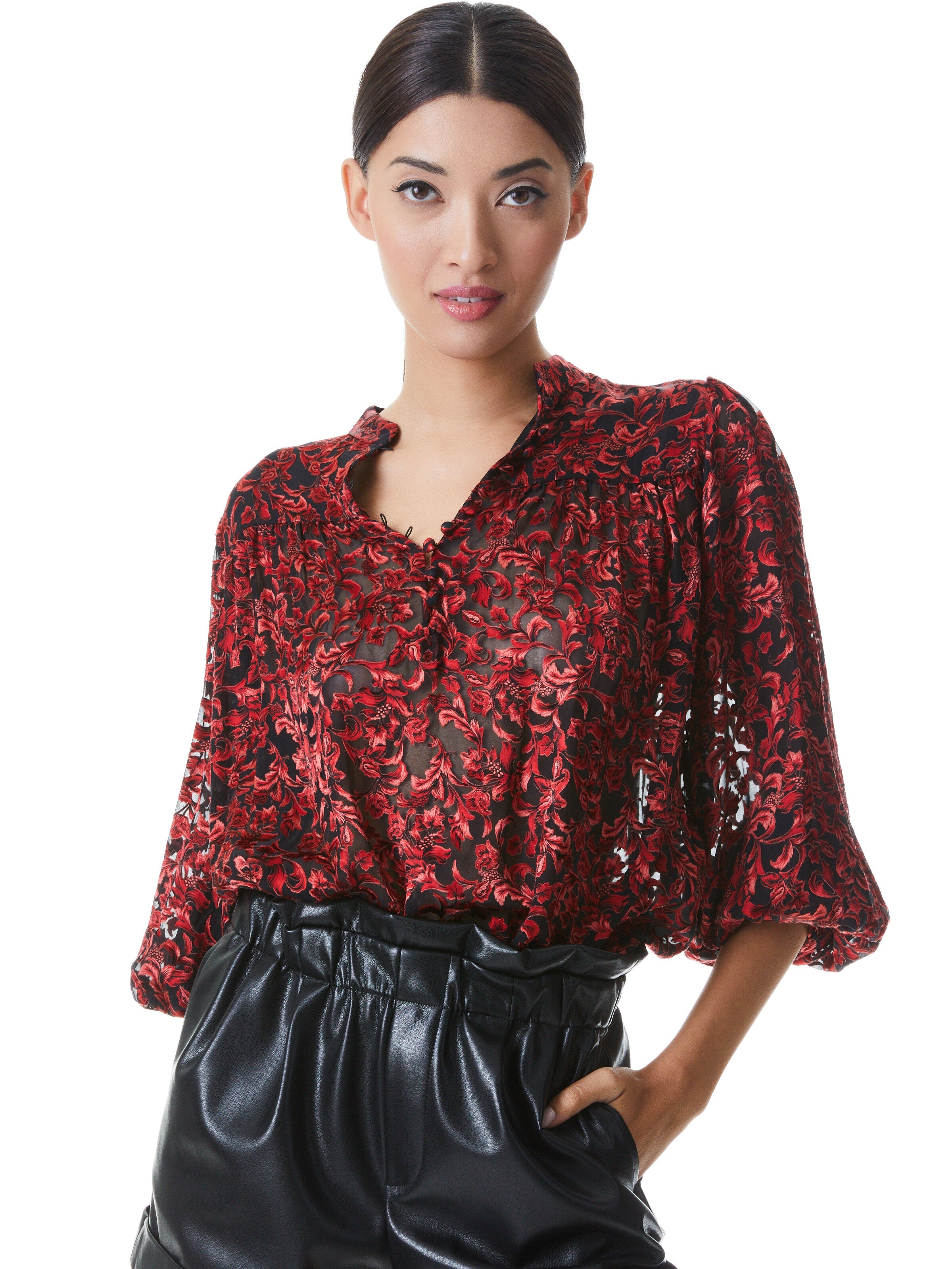 SERENA MANDARIN COLLAR BLOUSE-UPSTATE SCROLL DEEP RUBY-ALICE + OLIVIA