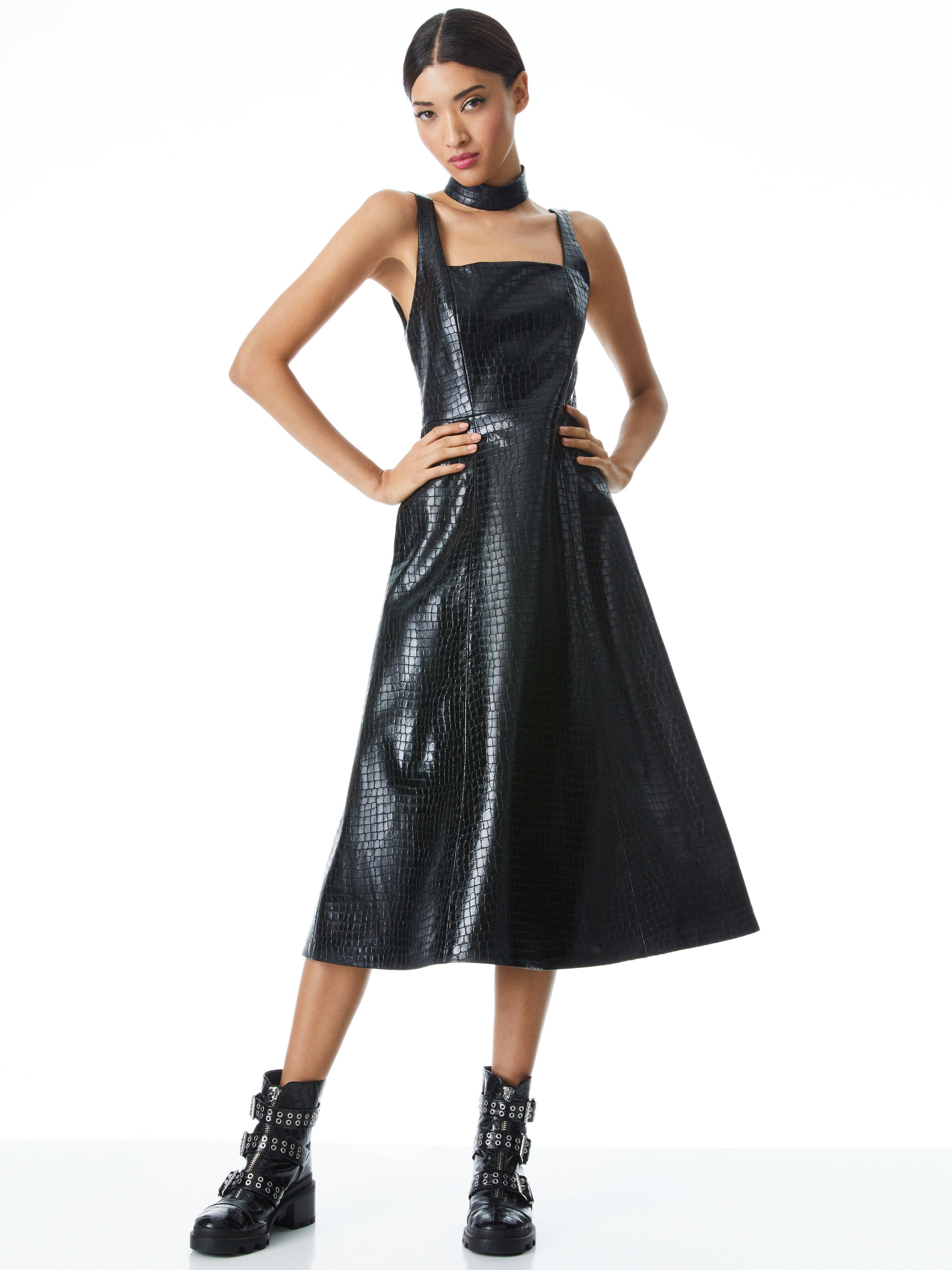 MARCIELA VEGAN LEATHER MIDI DRESS-ALICE + OLIVIA