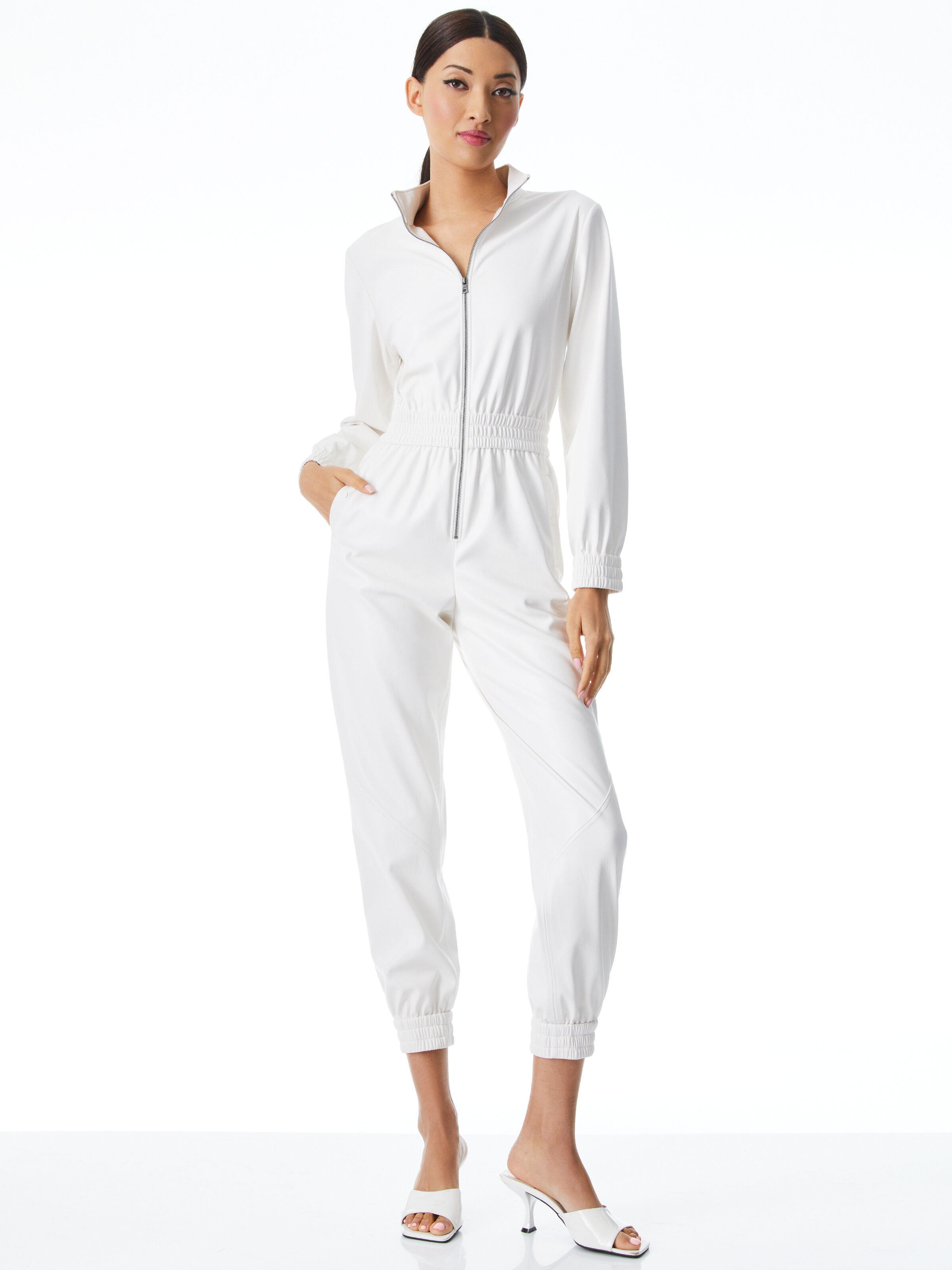 LEVI VEGAN LEATHER FRONT ZIP JUMPSUIT-Black-ALICE + OLIVIA