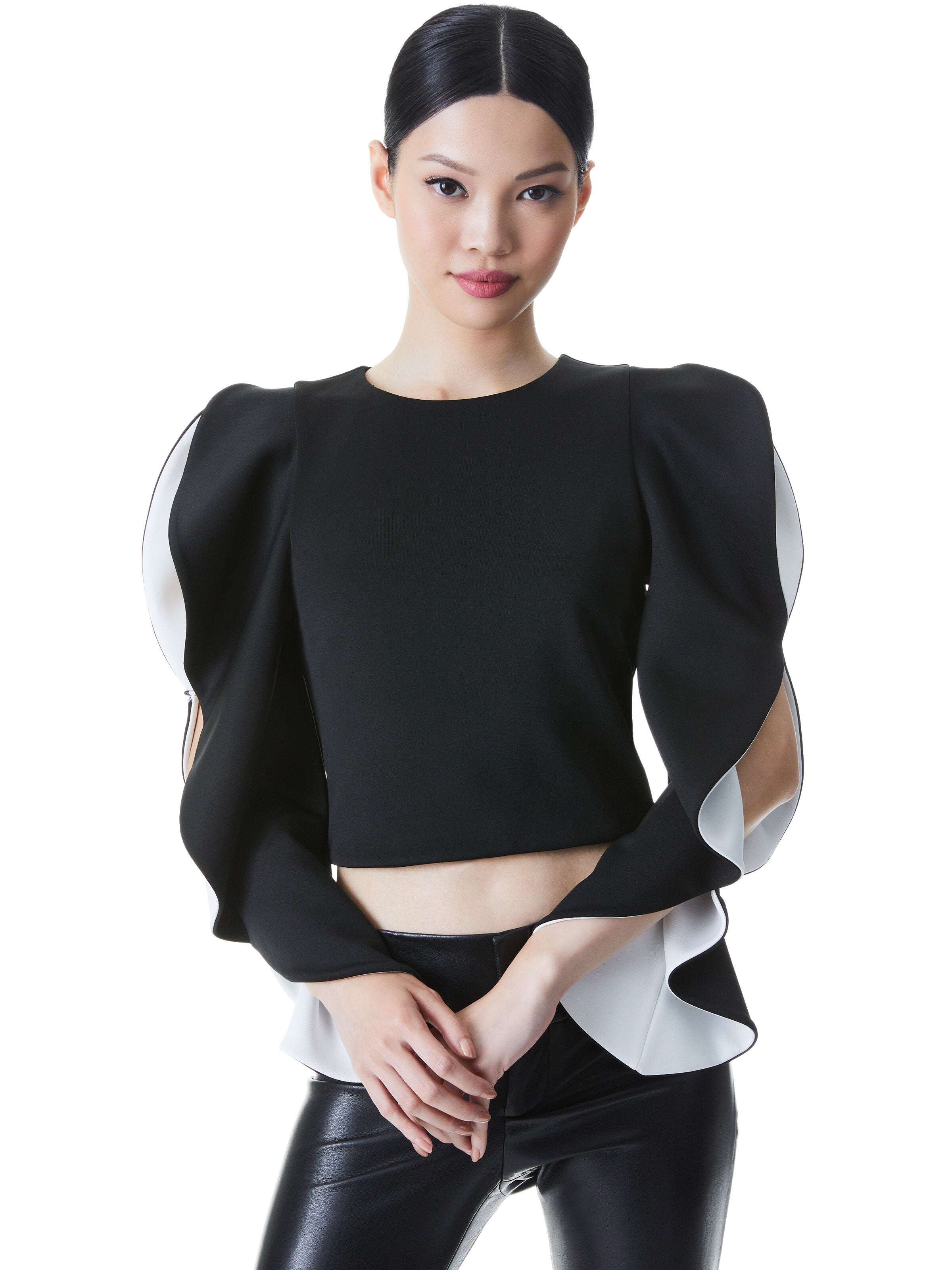 OLLIE RUFFLE SLEEVE CROP TOP-ALICE + OLIVIA