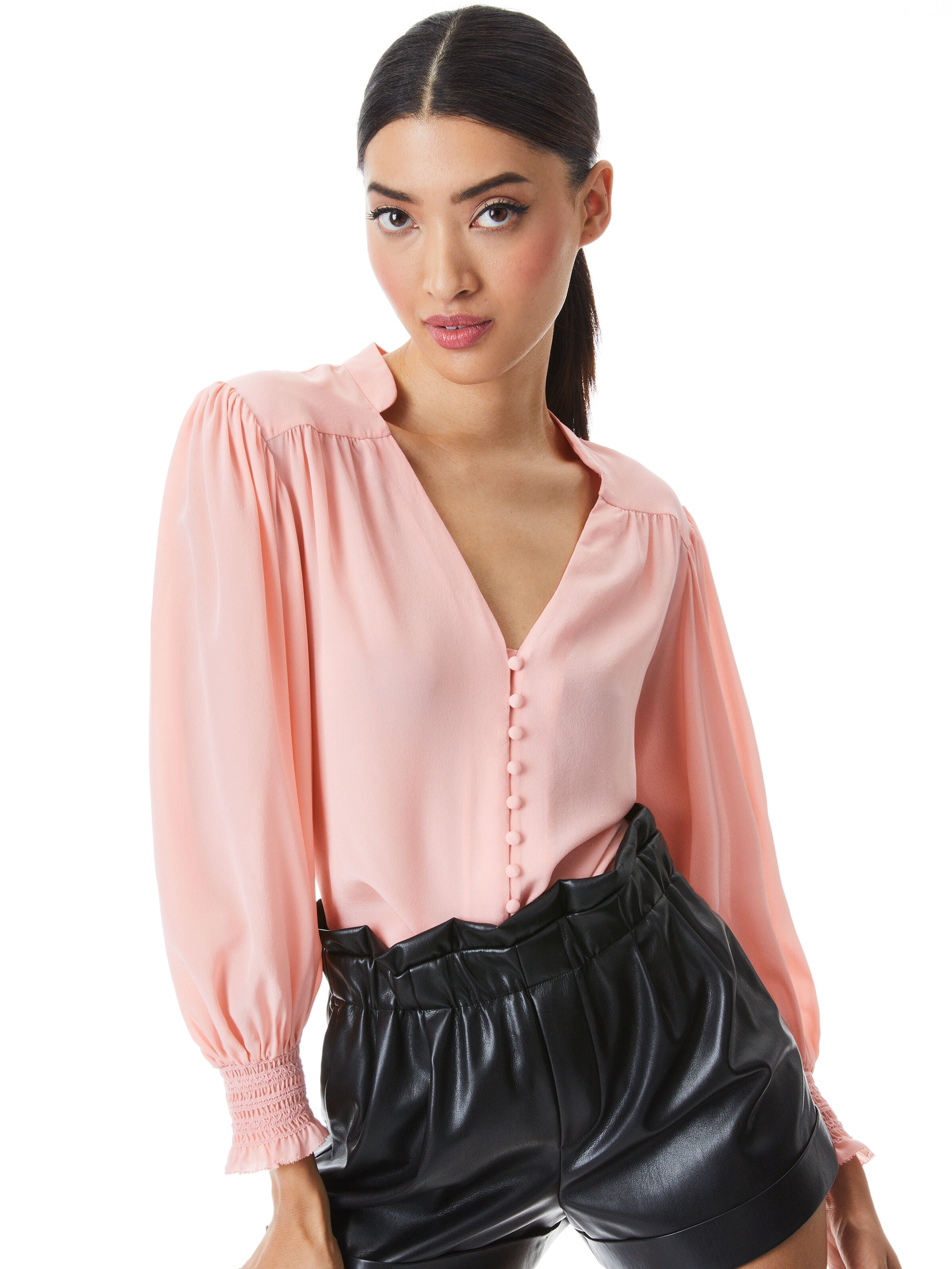 SERENA BALLOON SLEEVE SILK BLOUSE-Pink-ALICE + OLIVIA