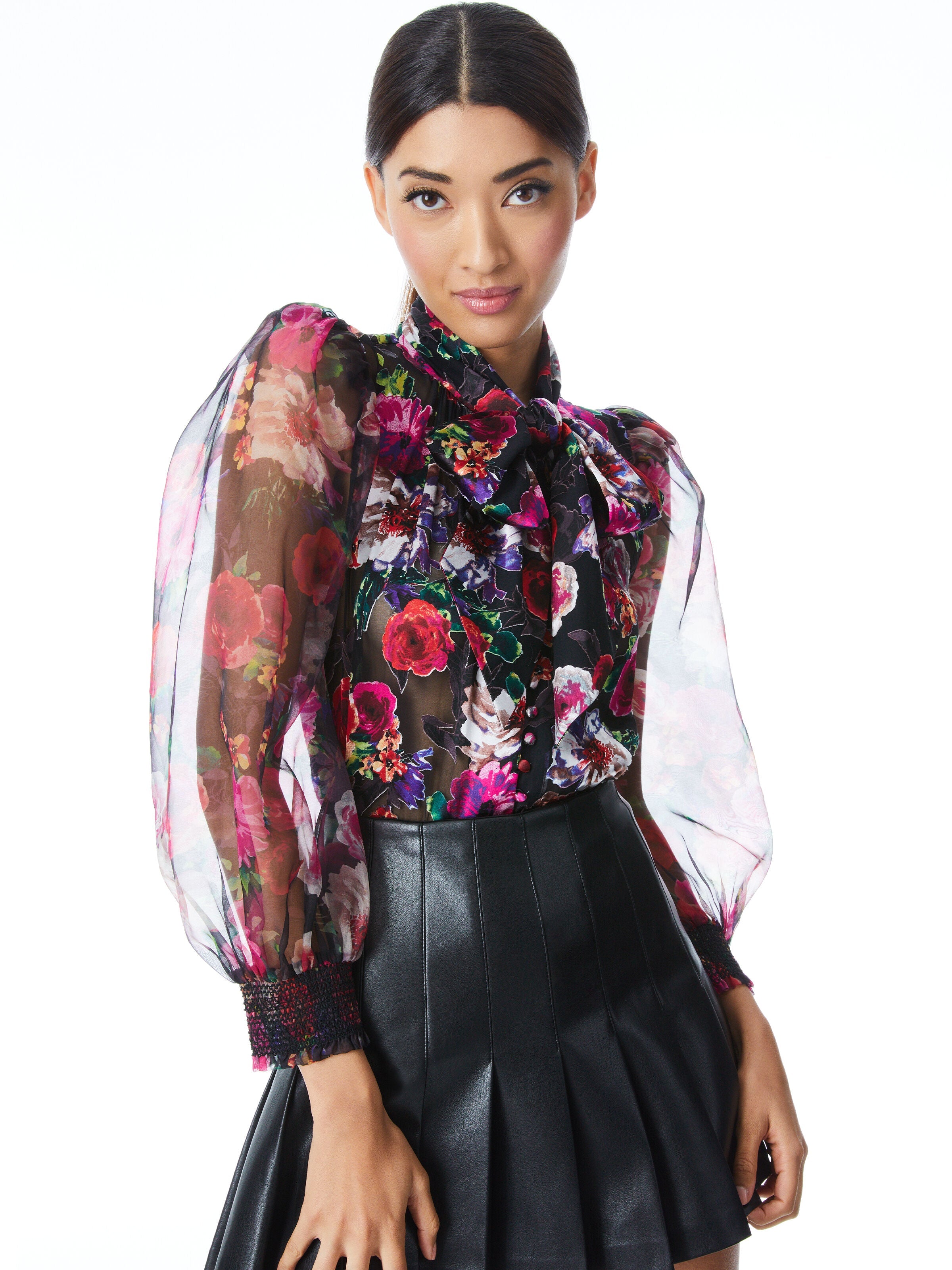 BRENTLEY FLORAL TIE NECK BLOUSE-ALICE + OLIVIA