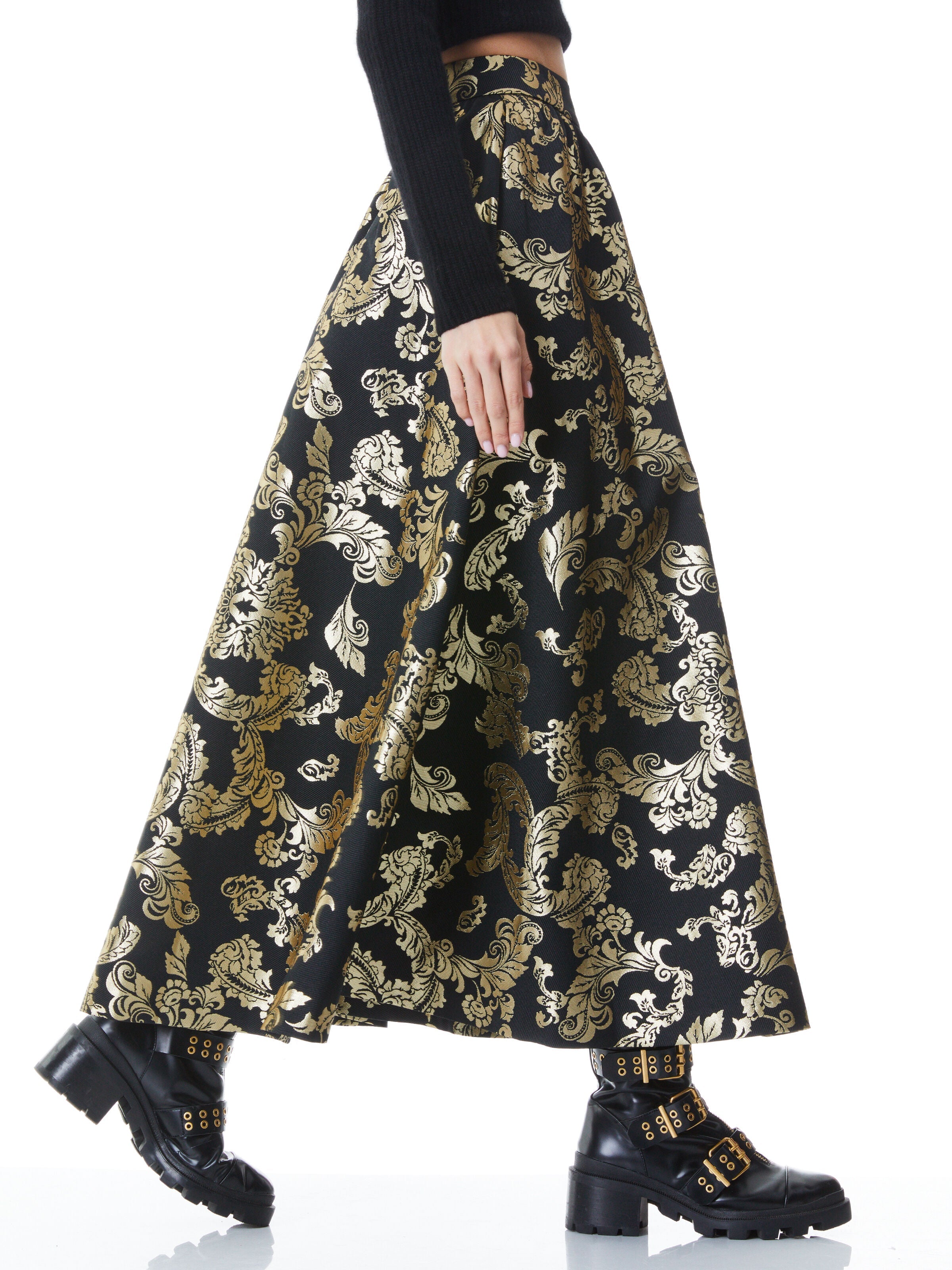EARLA HIGH WAIST FLARE ANKLE SKIRT-BLACK/GOLD-ALICE + OLIVIA