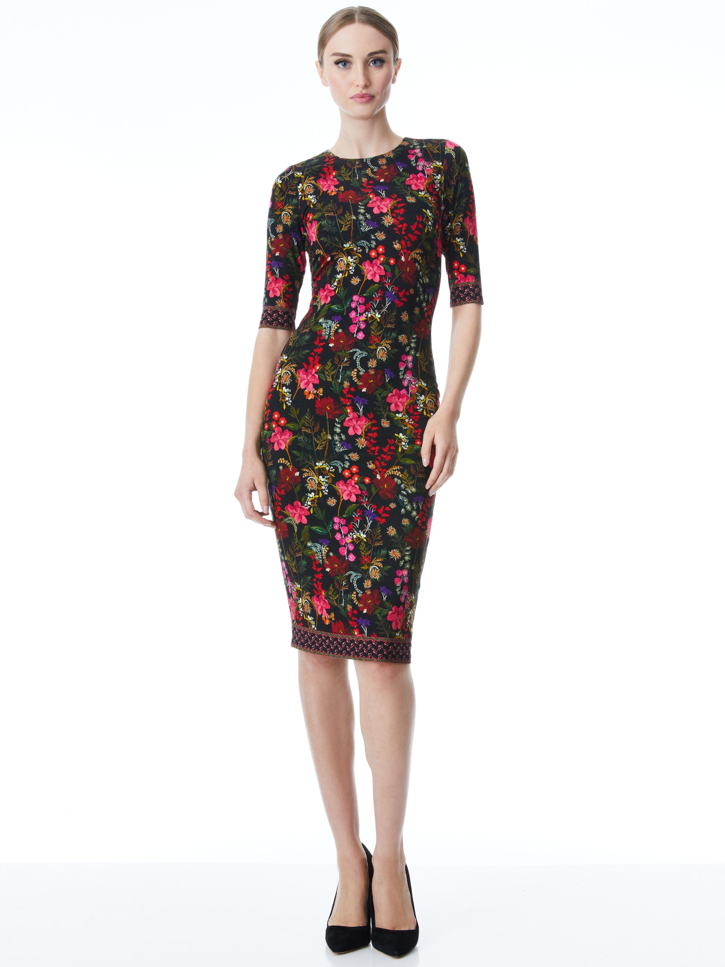 DELORA FLORAL CREWNECK MIDI DRESS-FIRST DATE MULTI-ALICE + OLIVIA