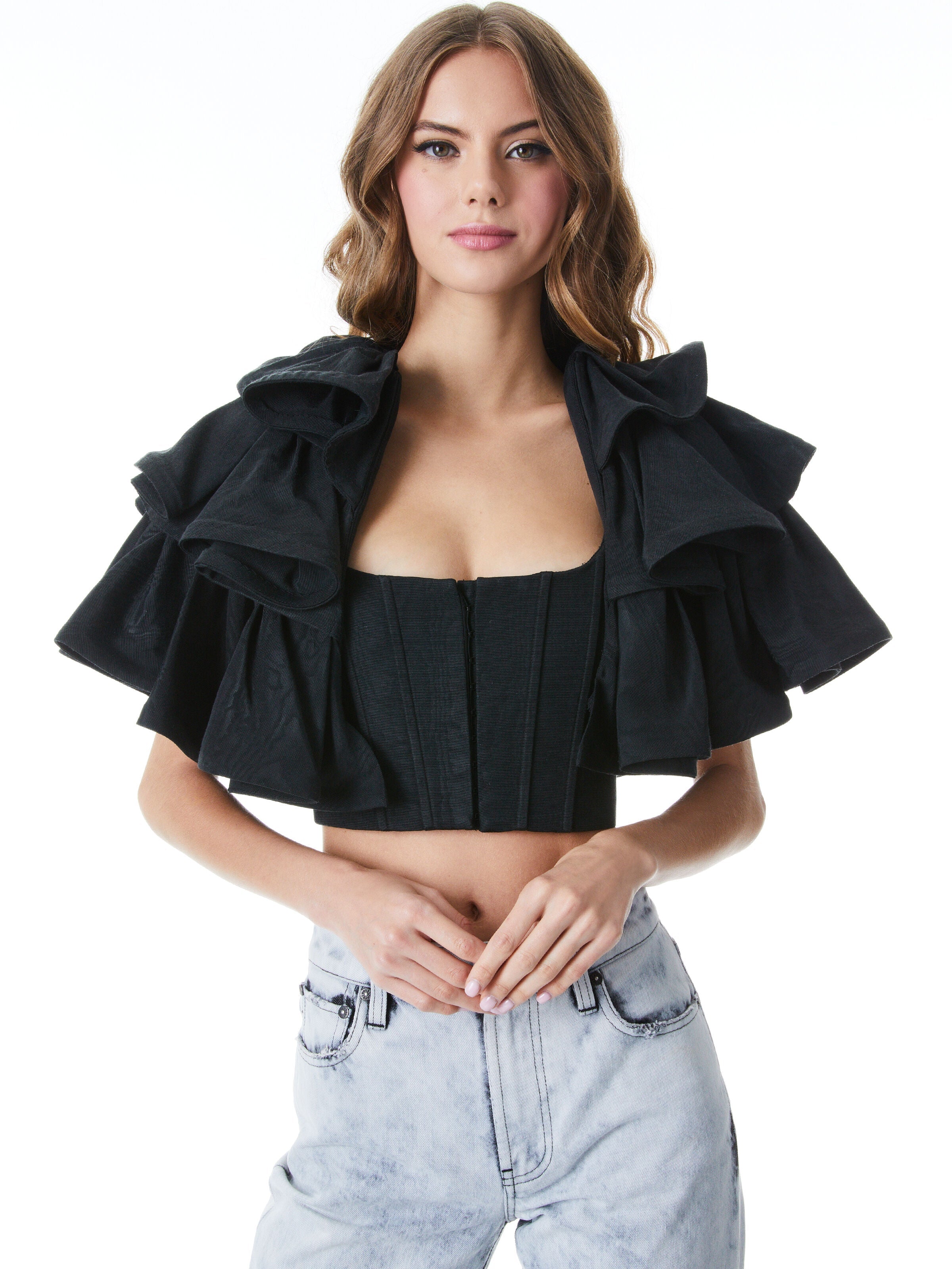 ALY TIERED RUFFLE CAPELET-Black-ALICE + OLIVIA
