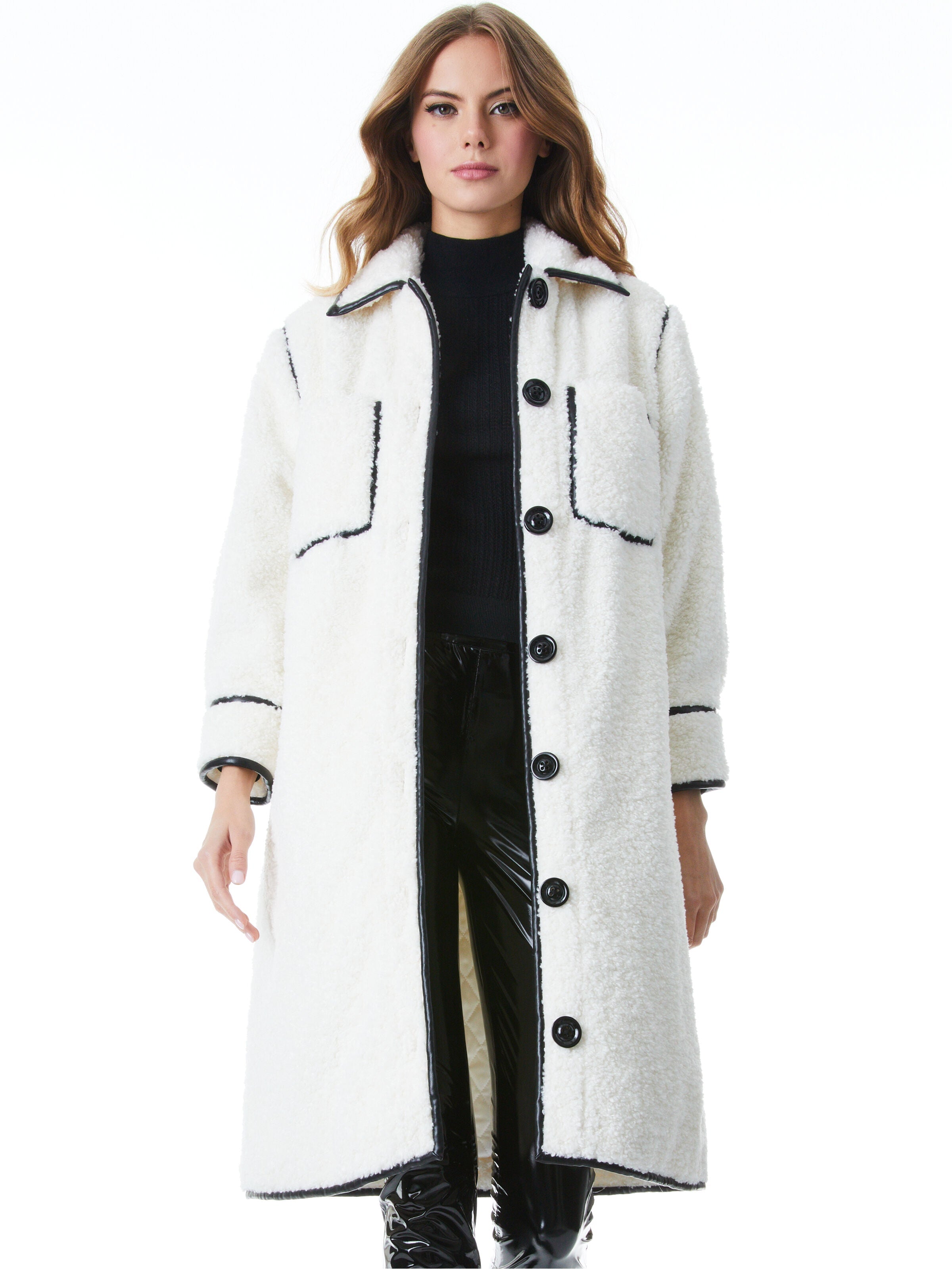 SAMSON FAUX SHEARLING PIPED COAT-OFF WHITE/BLACK-ALICE + OLIVIA