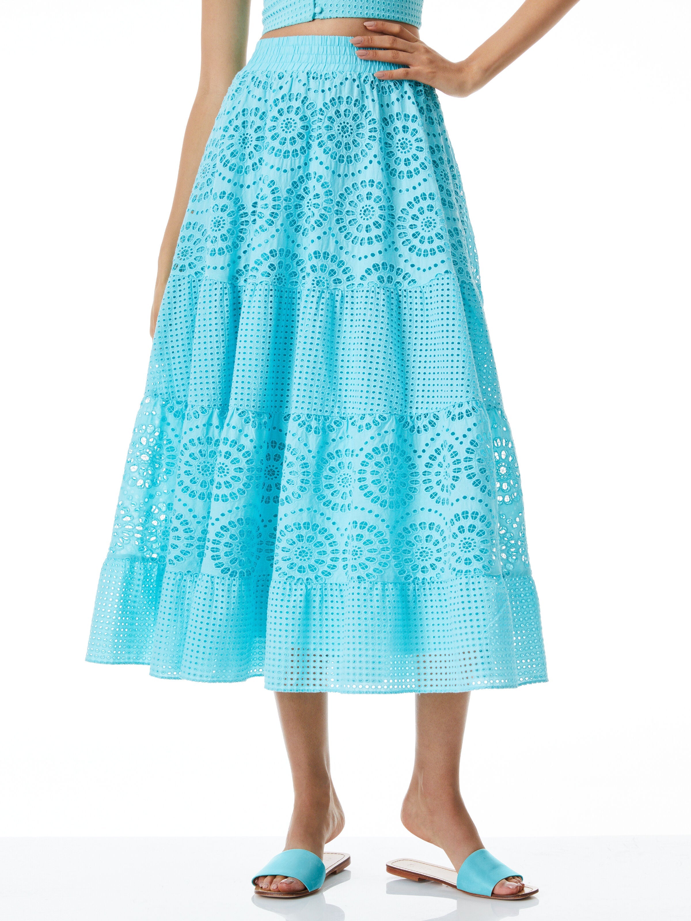 MELONY EYELET MIDI SKIRT-AQUA-ALICE + OLIVIA