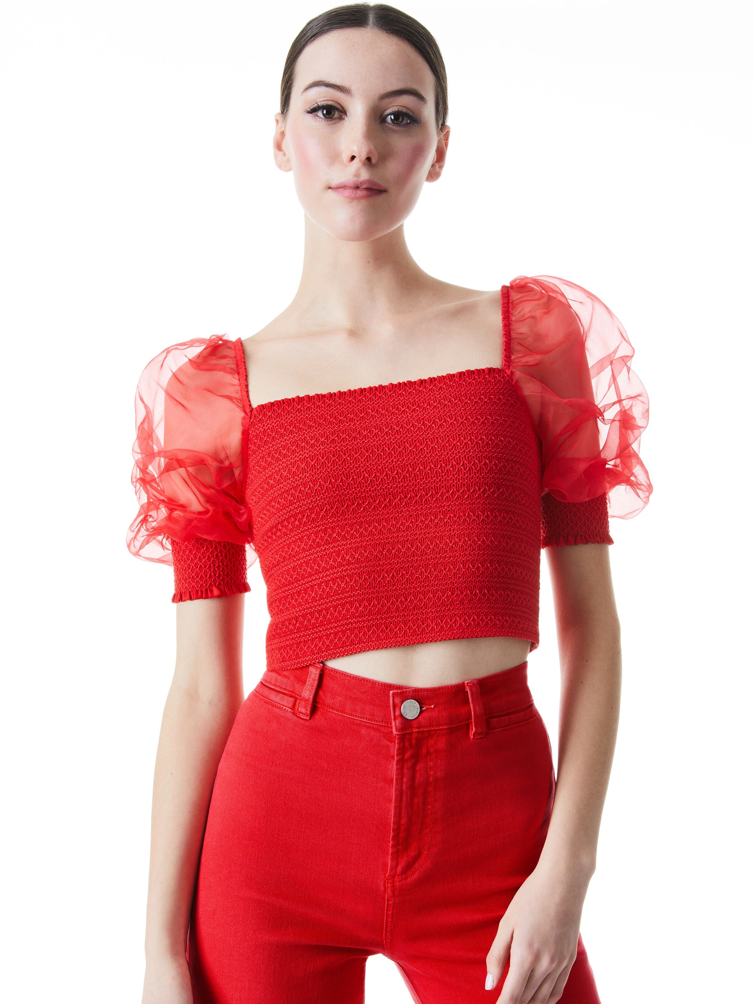 LISBETH SMOCKED BODICE CROP TOP-ALICE + OLIVIA