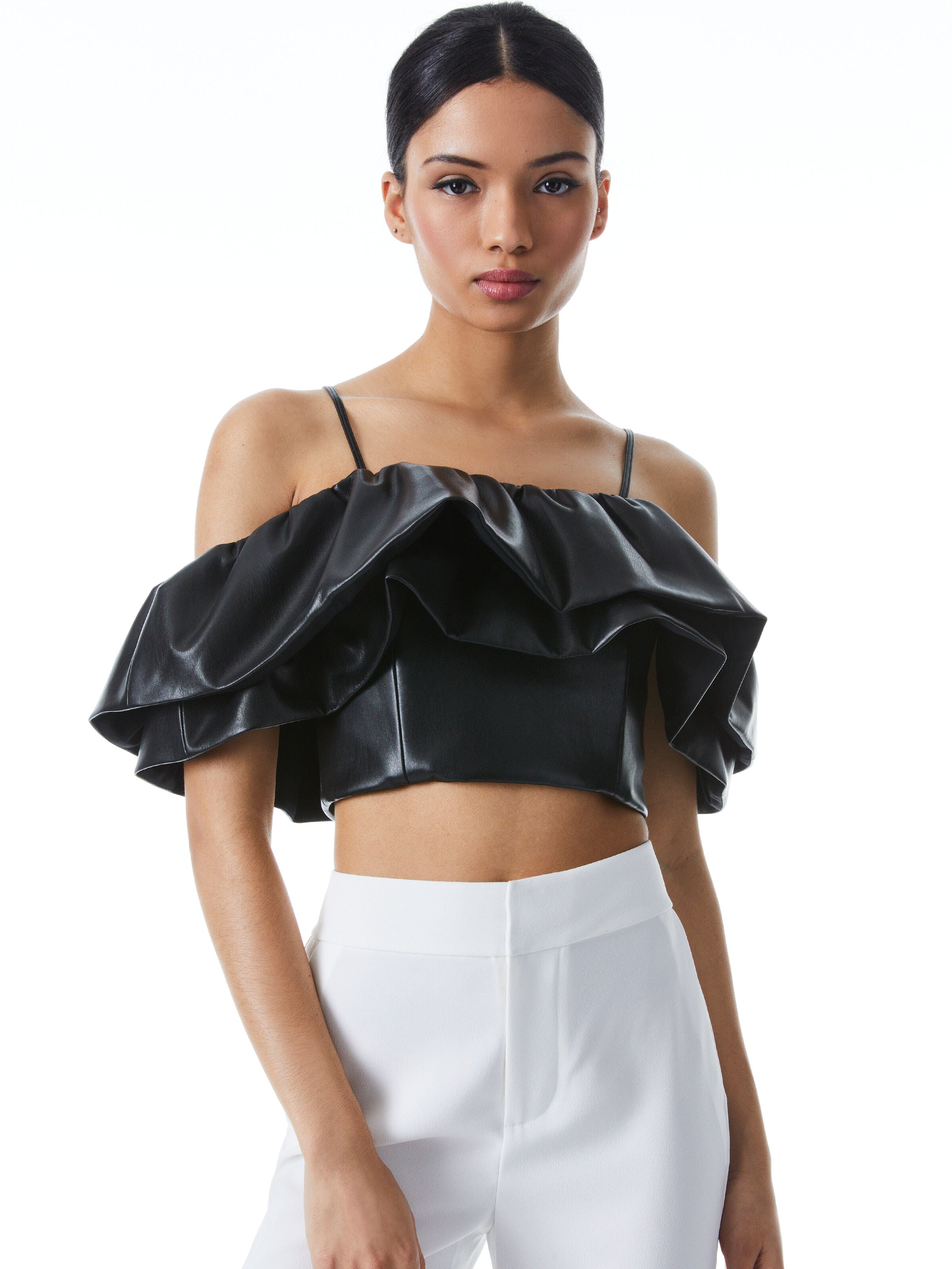 NAY VEGAN LEATHER RUFFLE TOP-Black-ALICE + OLIVIA