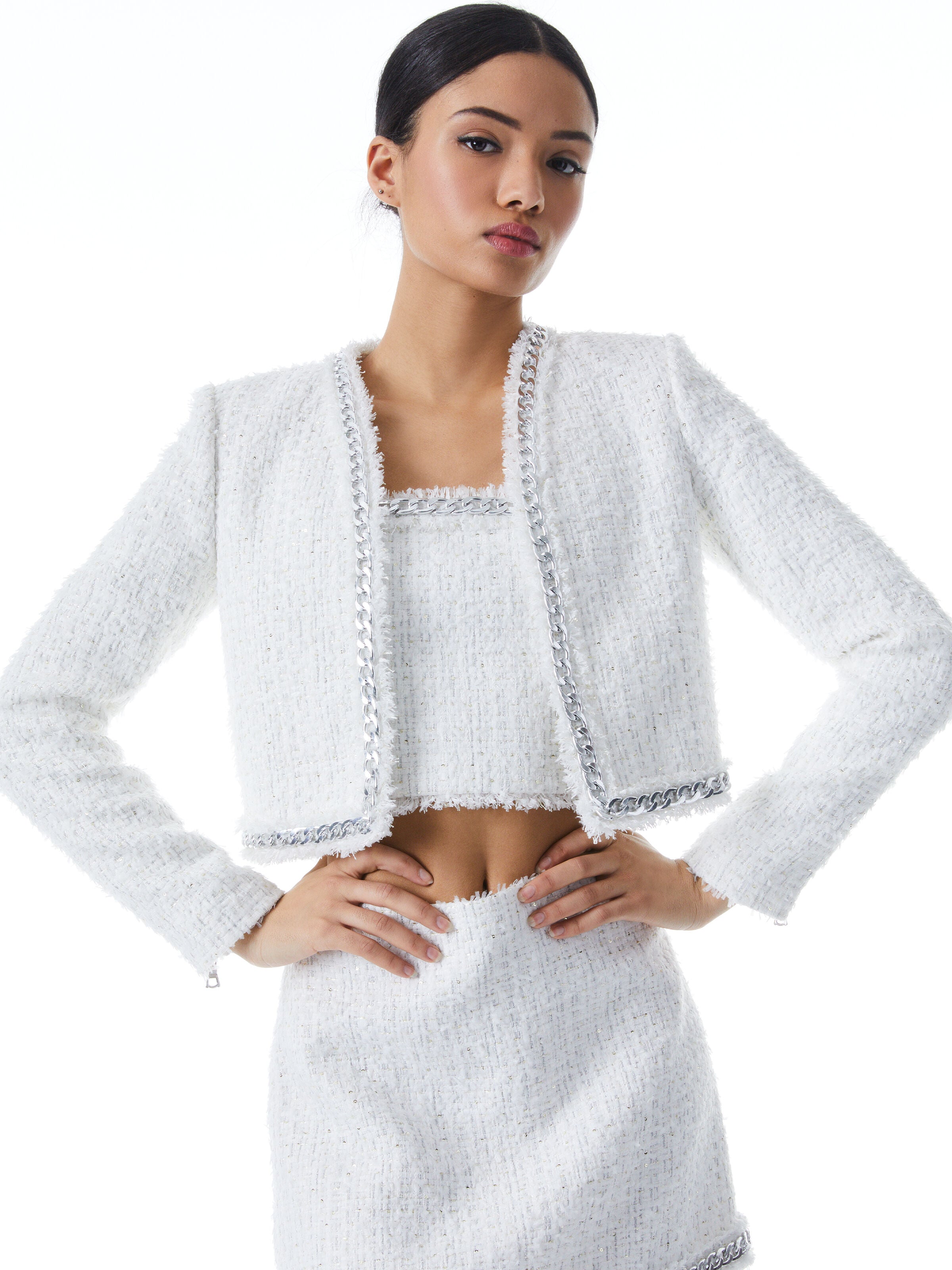 ZETA CROPPED BOX JACKET WITH CHAIN TRIM-White-ALICE + OLIVIA