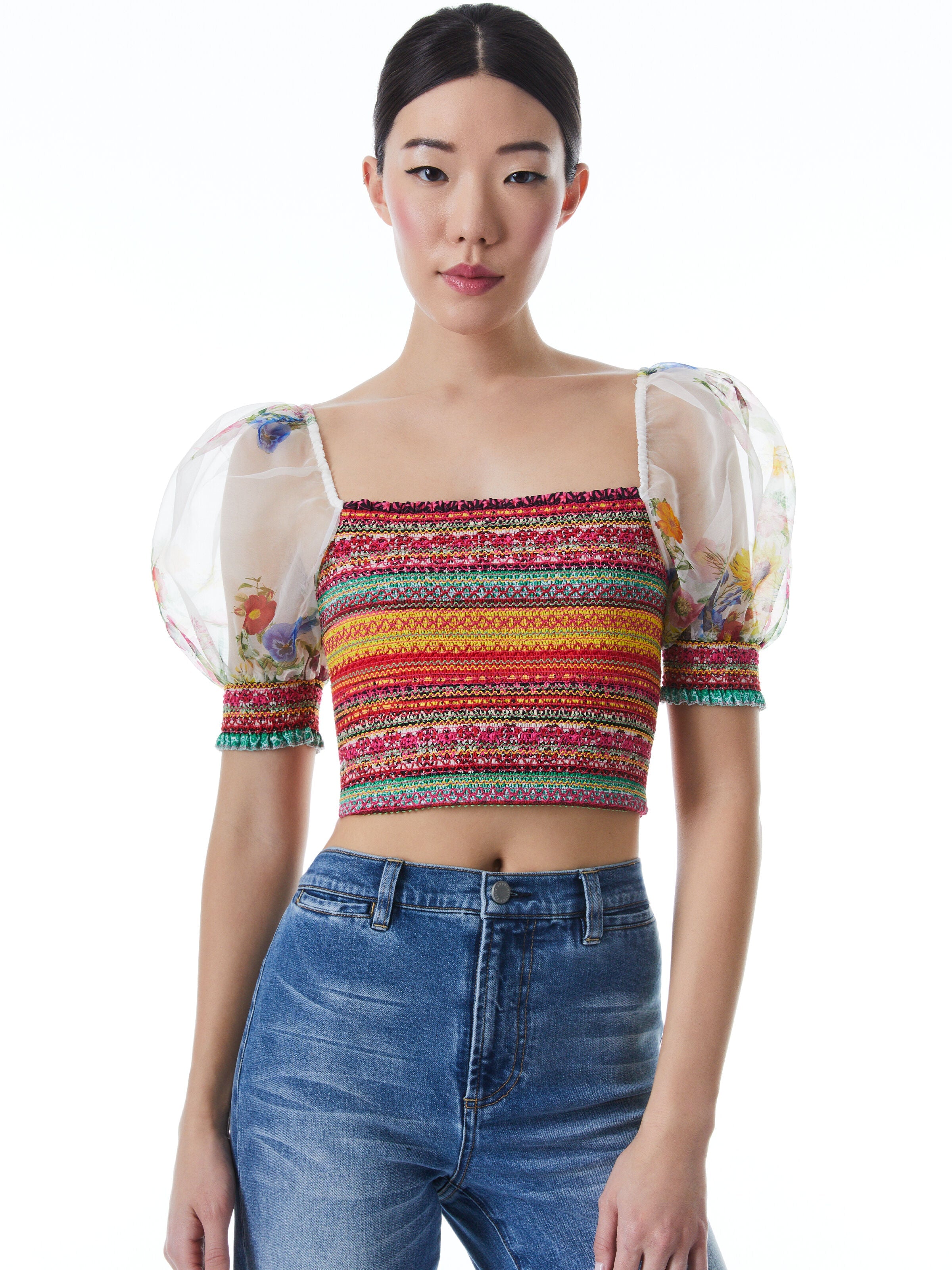 ARNELLE PUFF SLEEVE SMOCKED TOP-SUNDAY STROLL OFF WHITE/MULTI-ALICE + OLIVIA