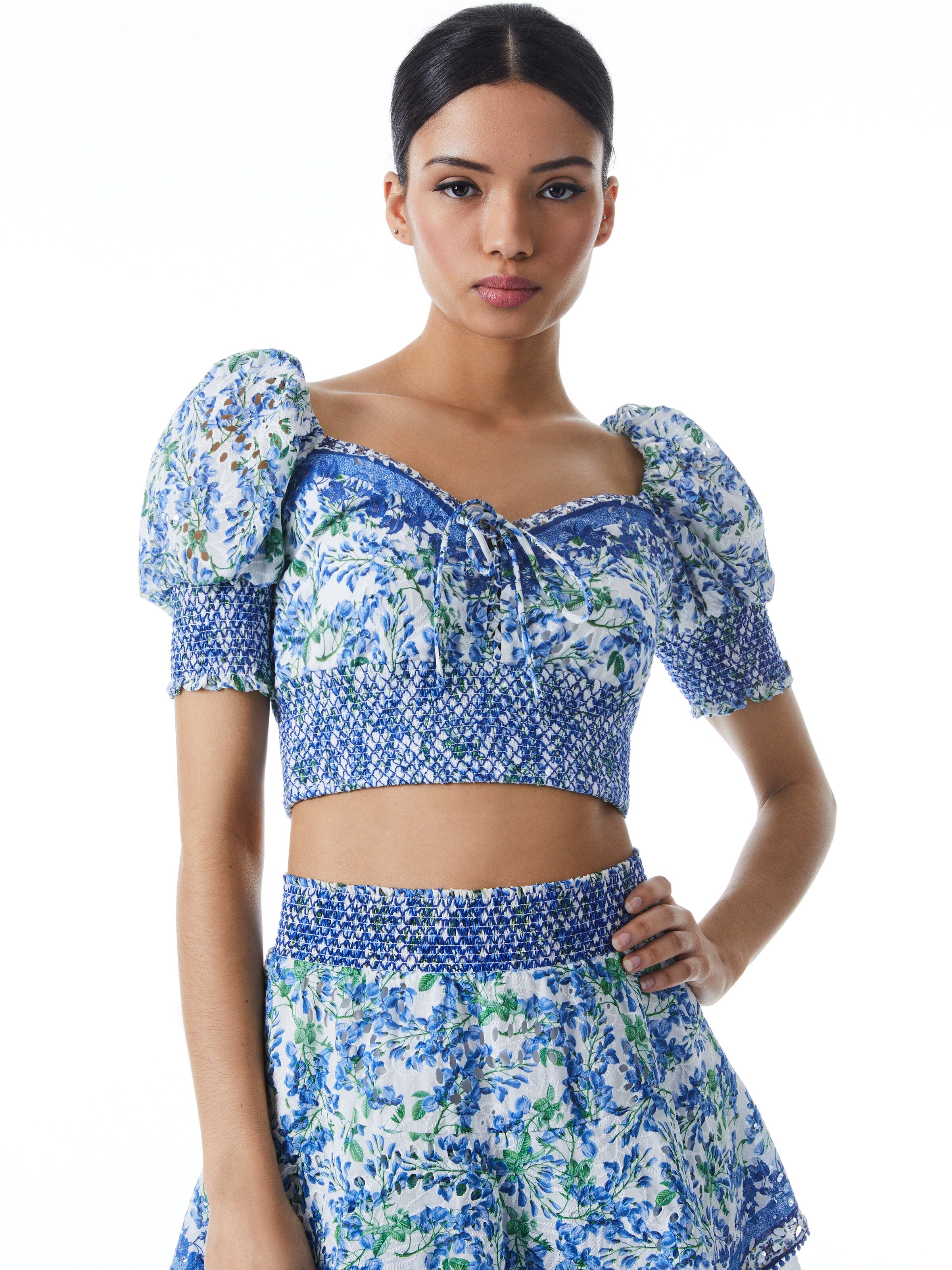 CRAWFORD LACE UP SMOCKED TOP-ALICE + OLIVIA