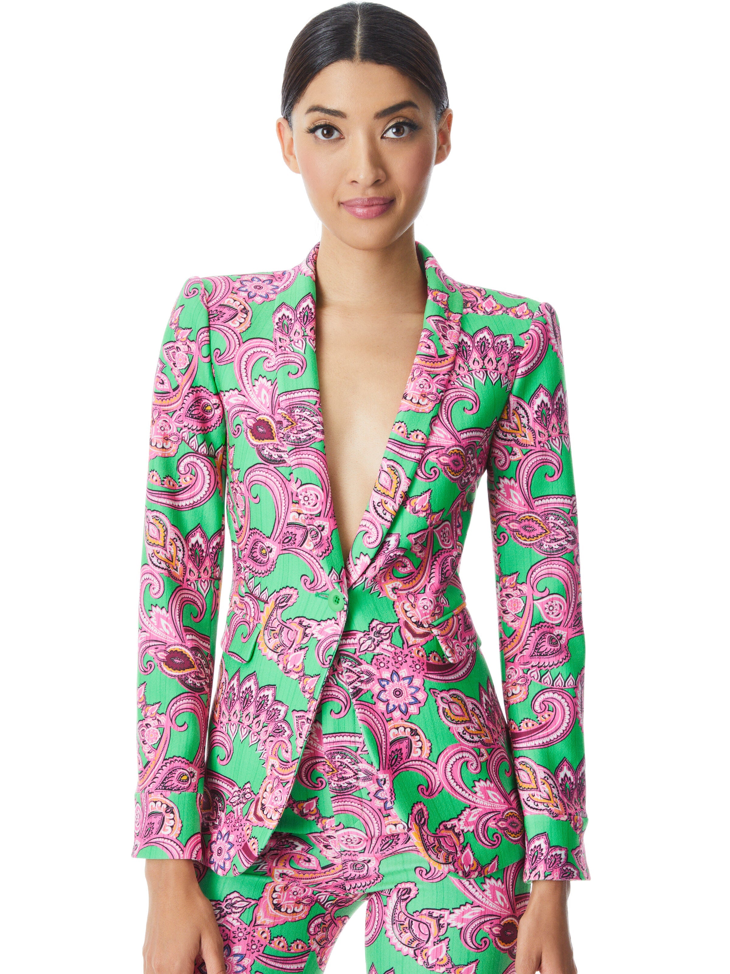 MACEY CUFFED SHAWL COLLAR BLAZER-SPRING PAISLEY GARDEN GREEN-ALICE + OLIVIA