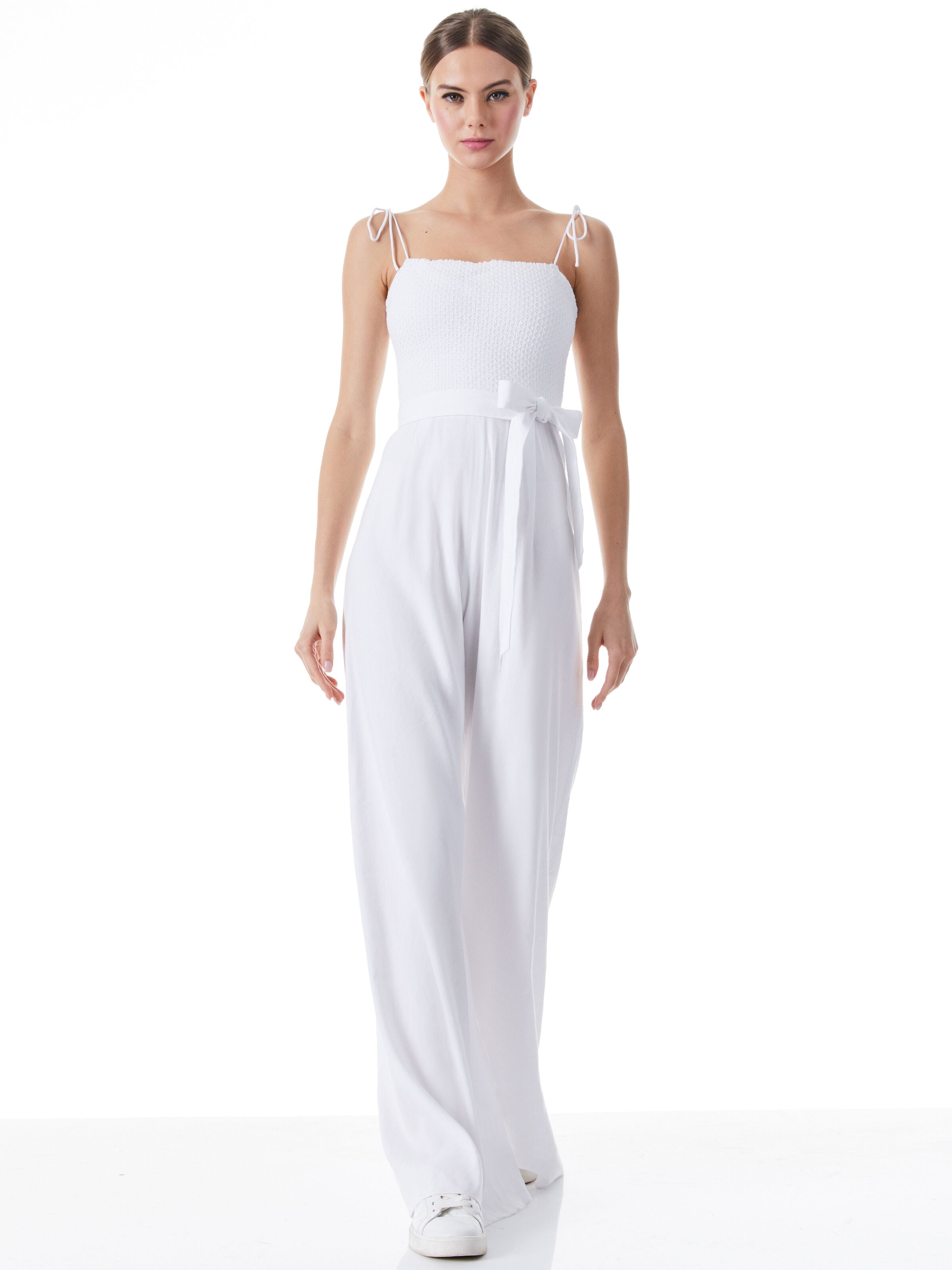 BEBE SMOCKED BUSTIER TIE STRAP JUMPSUIT-ALICE + OLIVIA