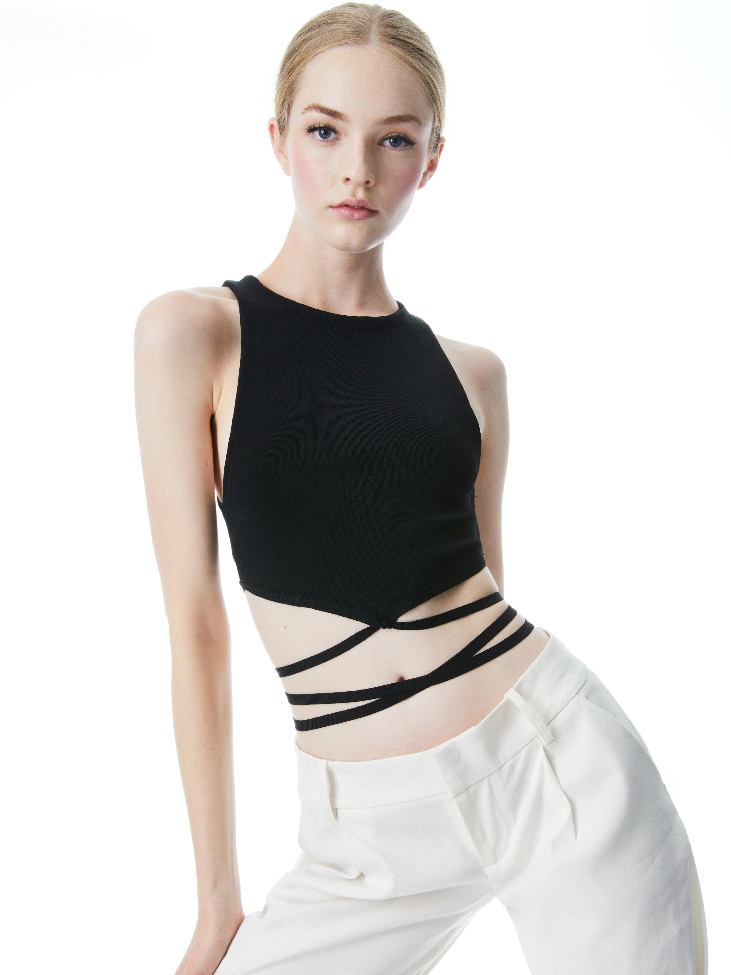 LATIA STRAPPY TIE WAIST KNIT TANK-Black-ALICE + OLIVIA