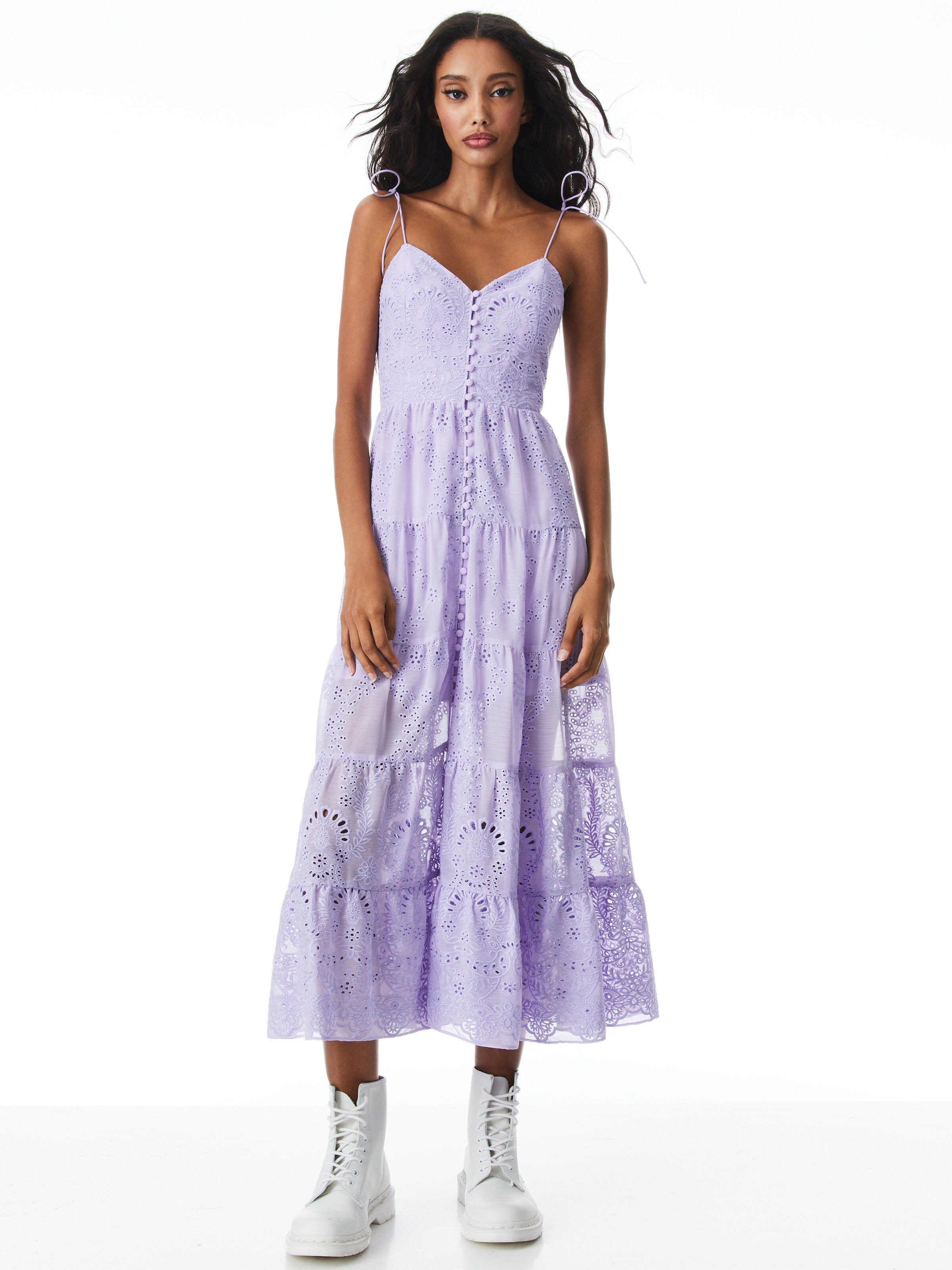 SHANTI EYELET BUTTON FRONT TIERED DRESS-ALICE + OLIVIA