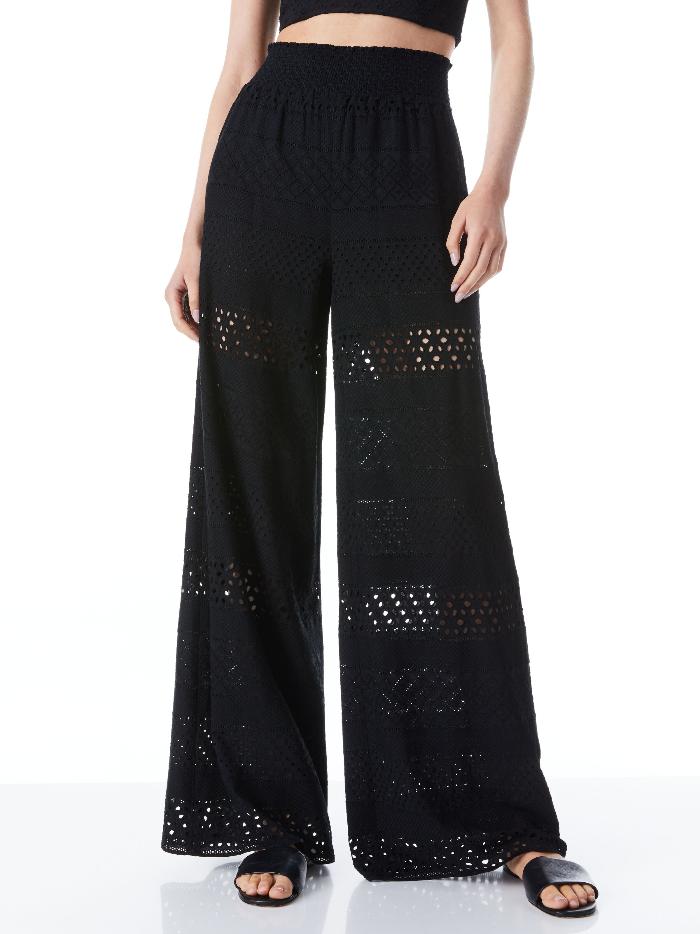 RUSSELL HIGH WAISTED EYELET PANT-Black-ALICE + OLIVIA