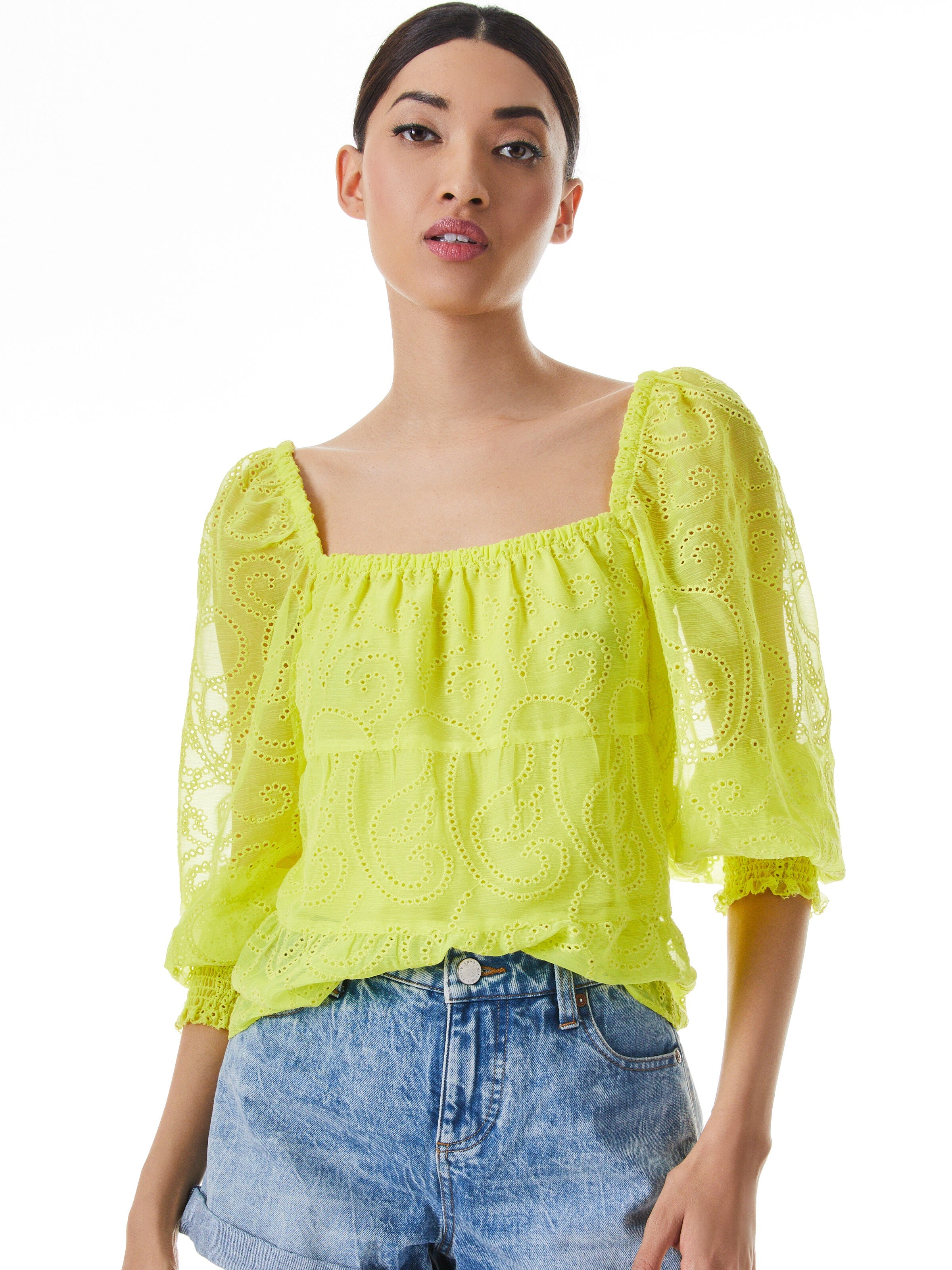 ROWA SMOCKED CUFF SQUARE NECK TOP-LEMON SORBET-ALICE + OLIVIA