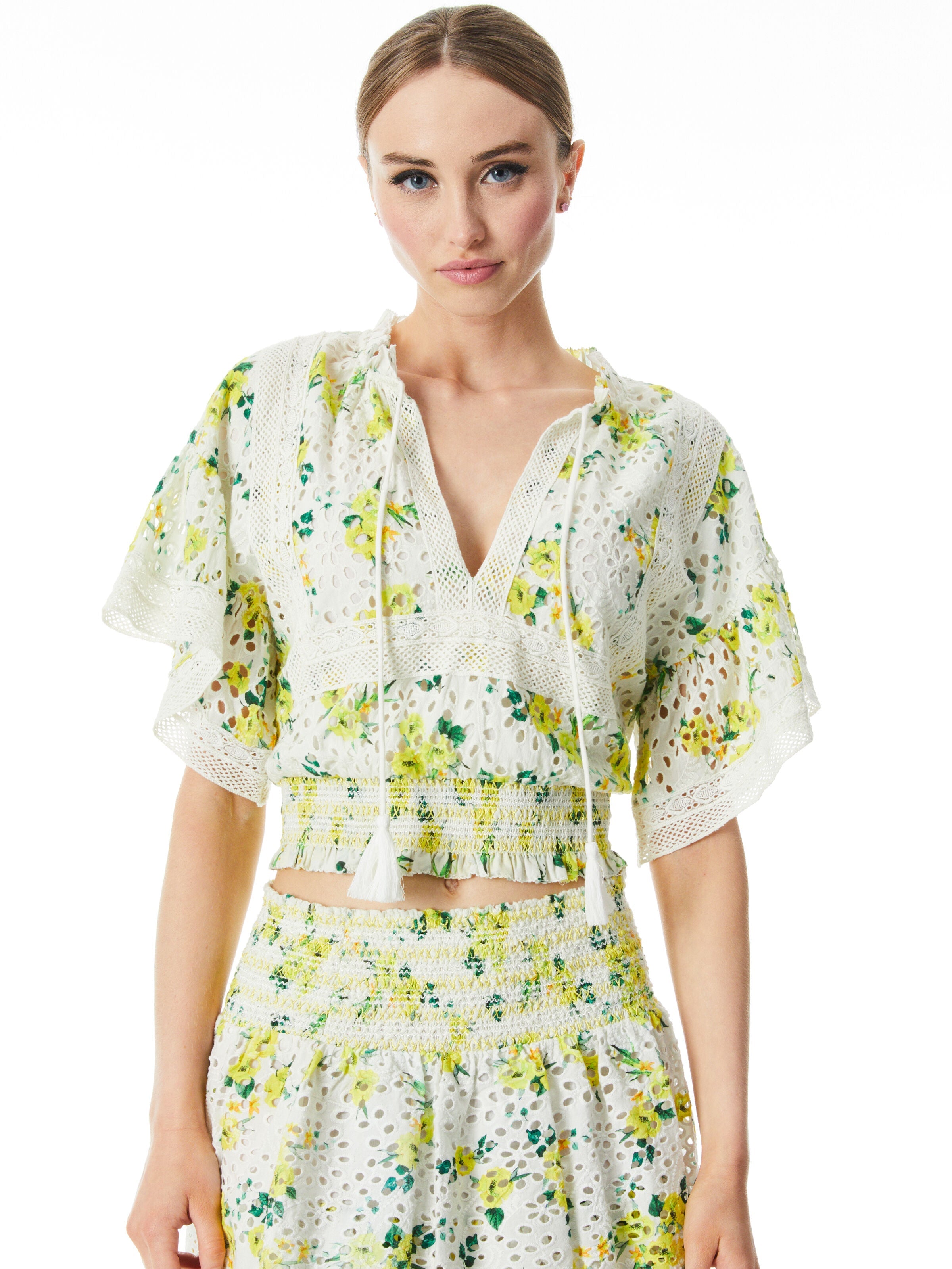 TABITHA EYELET RUFFLE SLEEVE CROPPED BLOUSE-ALICE + OLIVIA