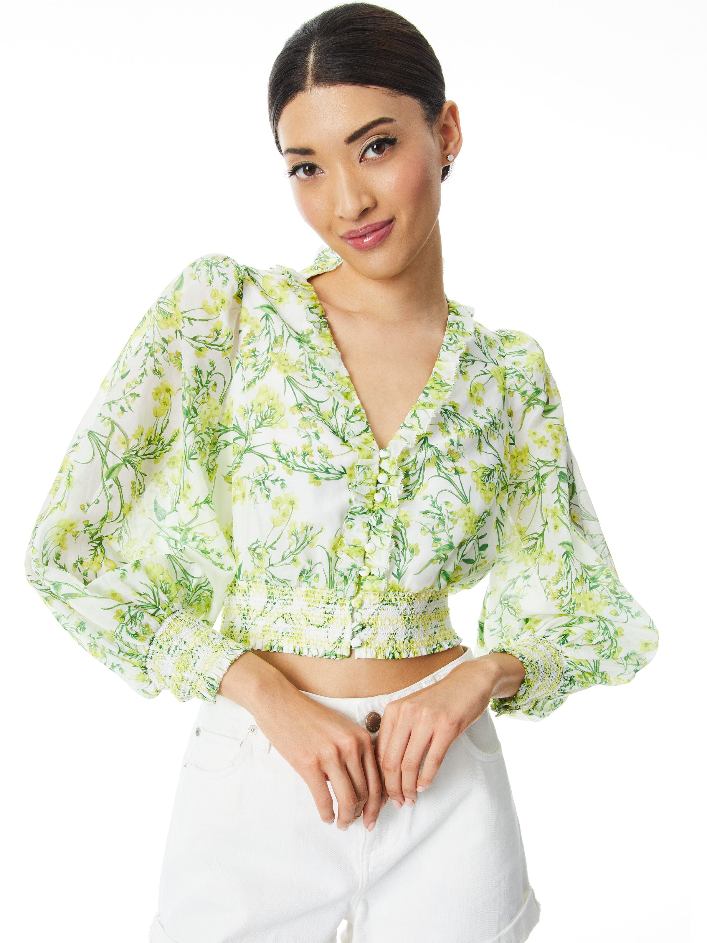 CALLICO FRONT RUFFLE SMOCKED WAIST BLOUSE