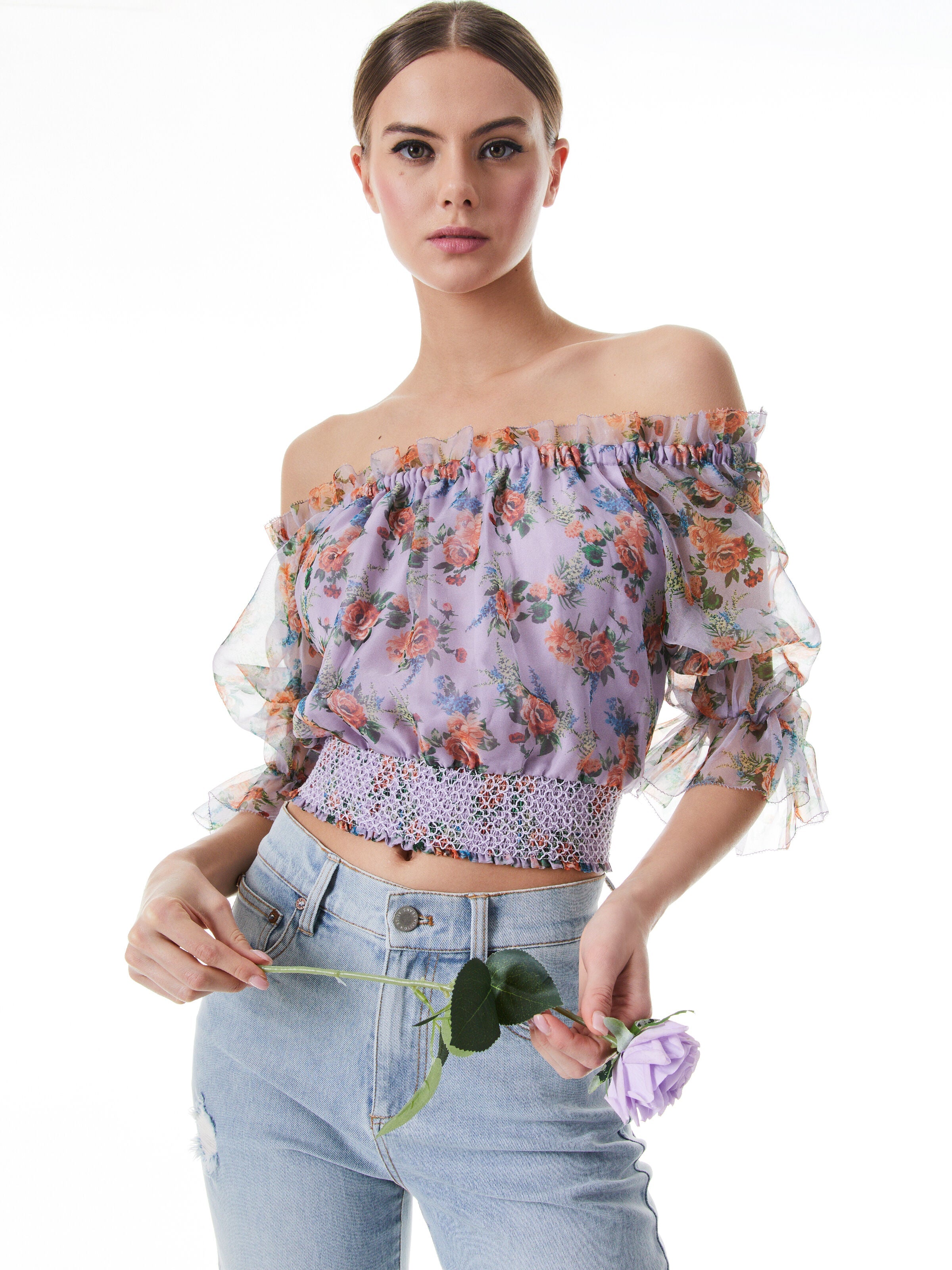 CAPRINA OFF THE SHOULDER CROP TOP-FLORAL EXPRESS SM LAVENDER-ALICE + OLIVIA