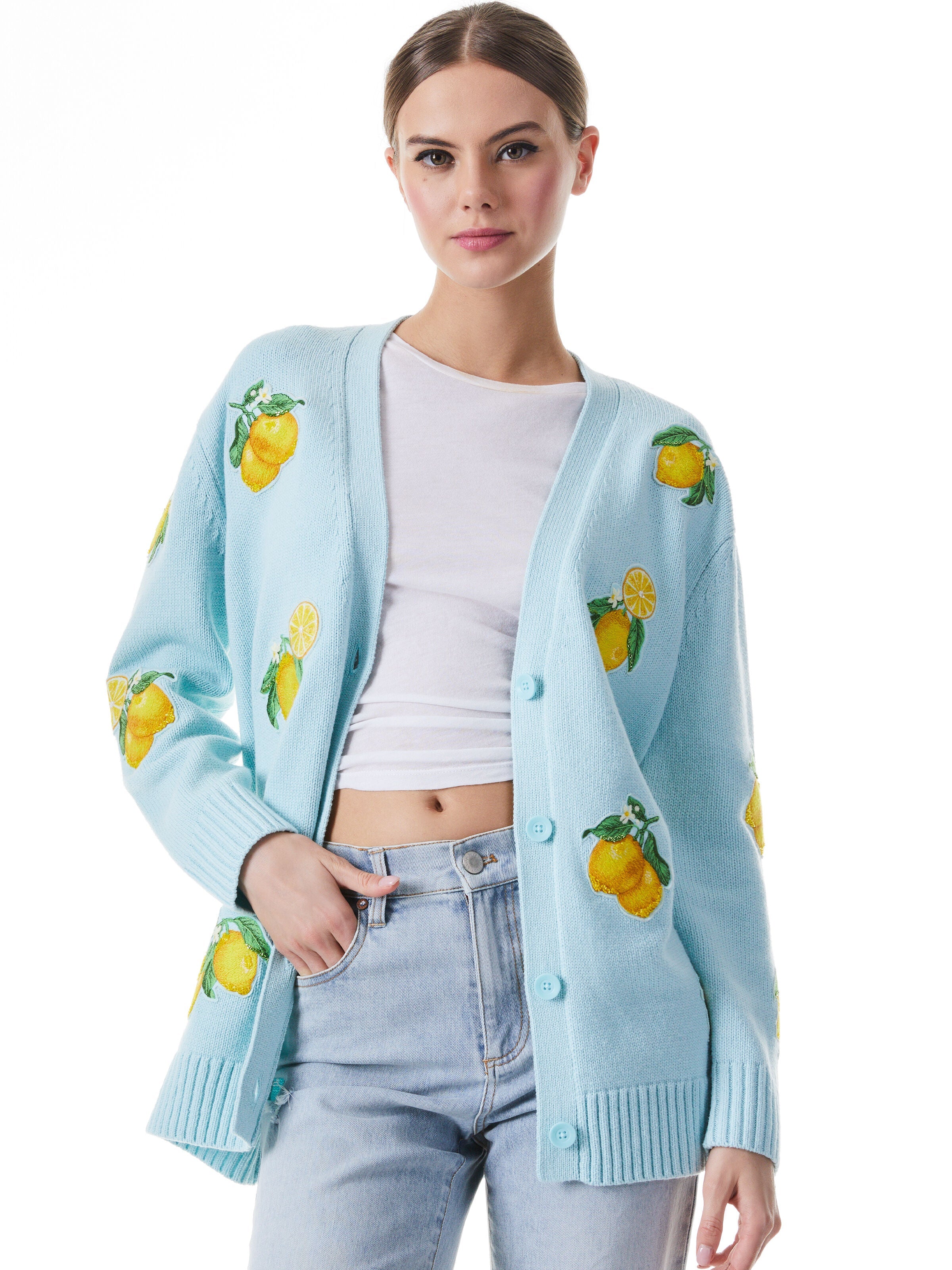 BRADFORD LEMON EMBROIDERED GRANDPA CARDIGAN-POWDER BLUE/COMBO-ALICE + OLIVIA