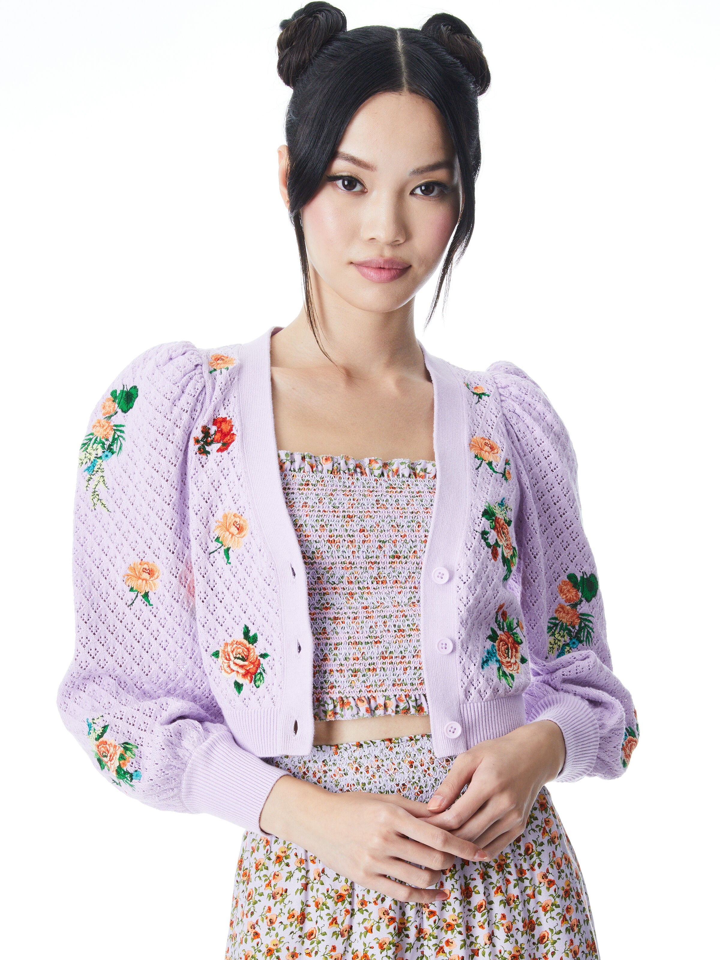 MORITA FLORAL PUFF SLEEVE CARDIGAN-LAVENDER MULTI-ALICE + OLIVIA
