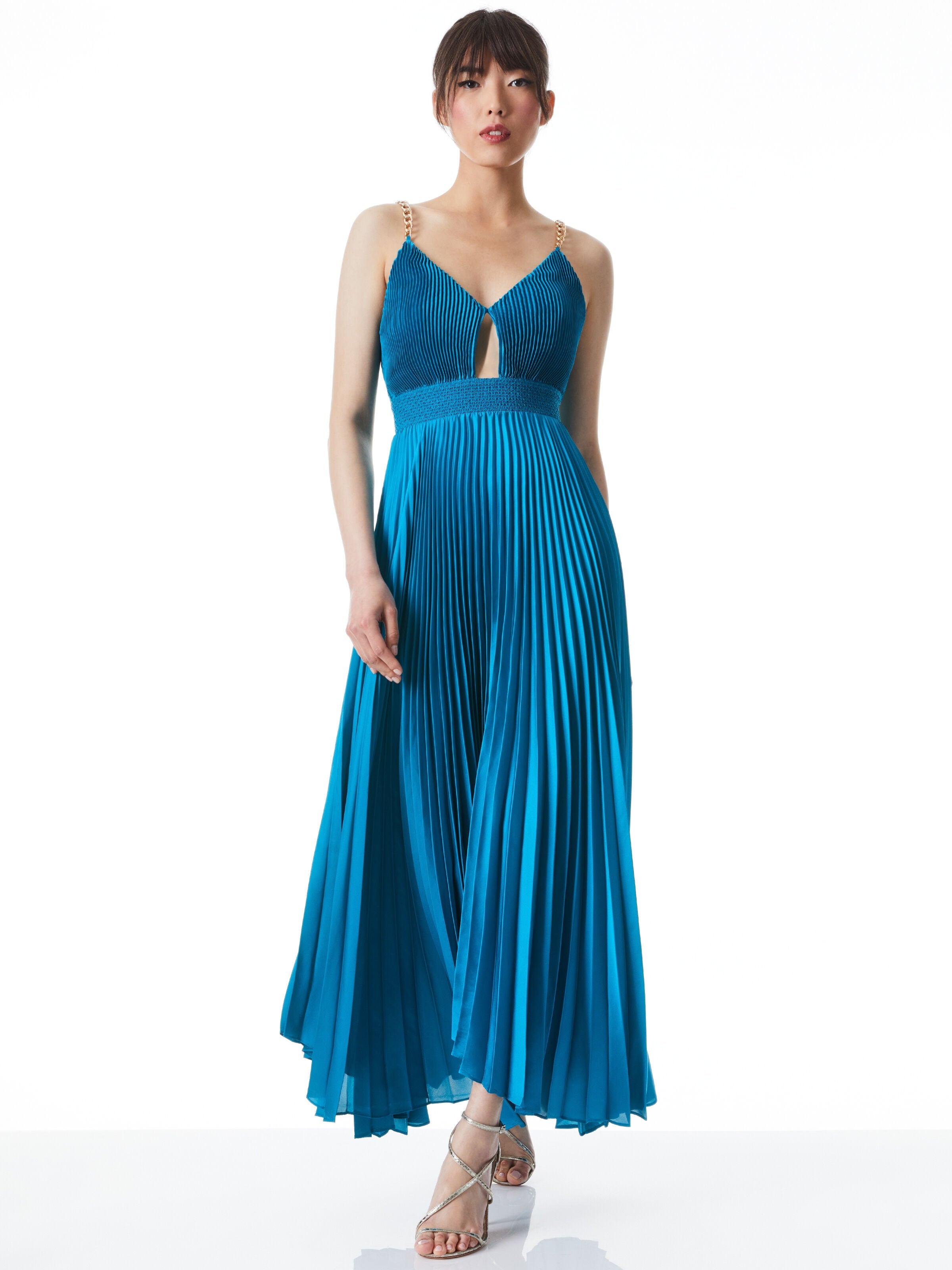 GLORIA CHAIN STRAP PLEATED MAXI DRESS-ALICE + OLIVIA