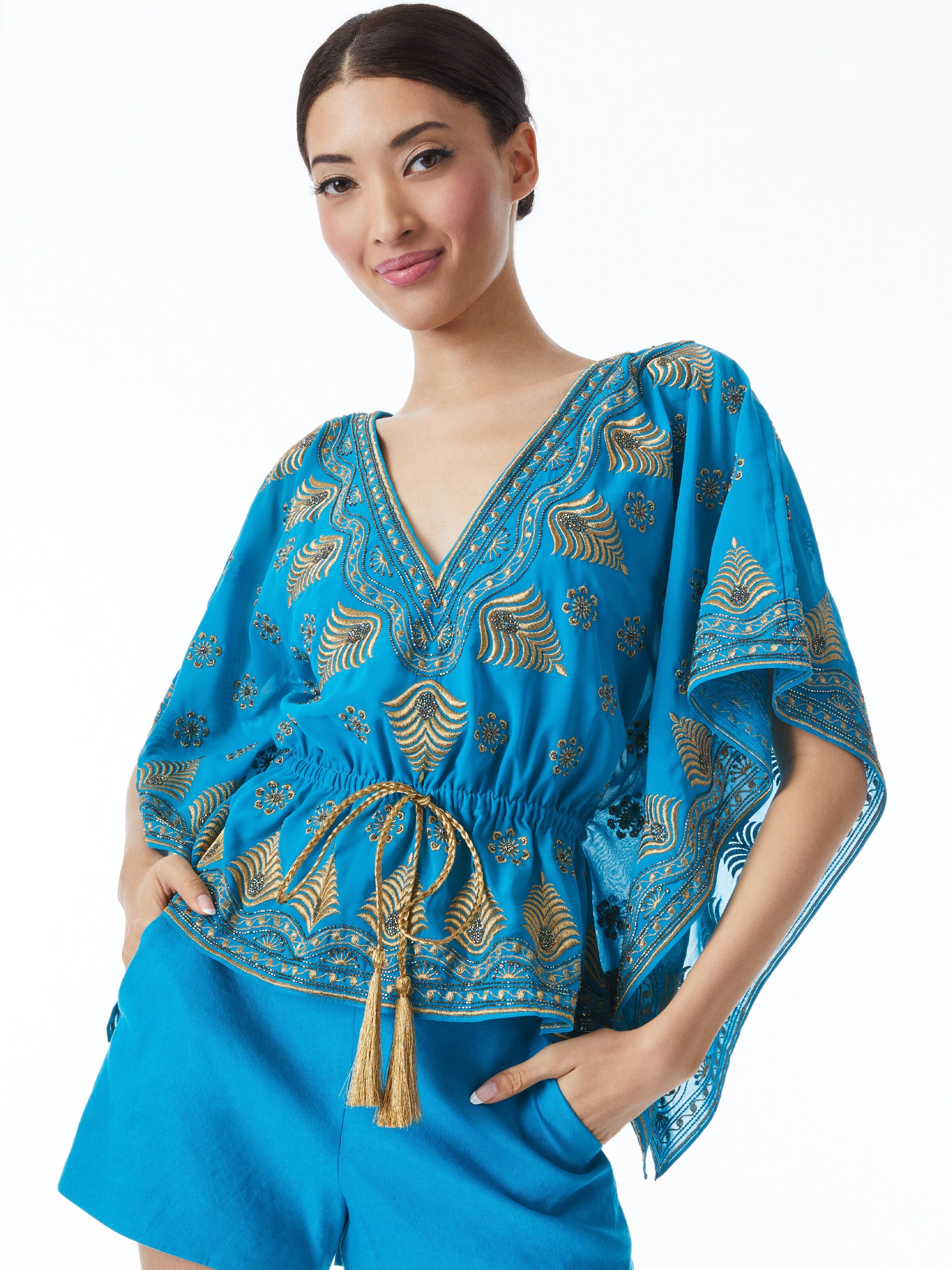 SHARITA DRAWSTRING EMBELLISHED KAFTAN-OCEAN BLUE/GOLD-ALICE + OLIVIA