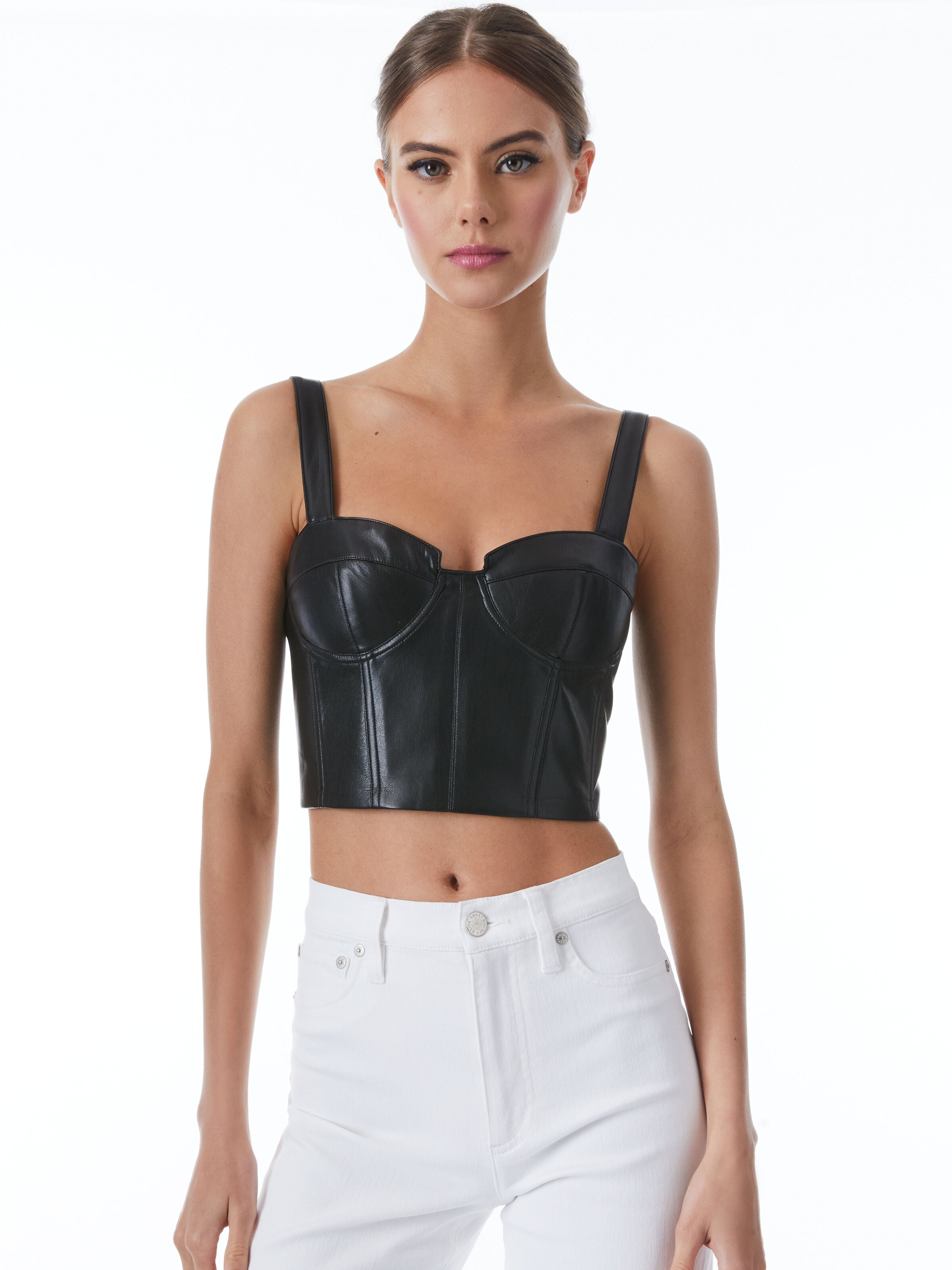 JEANNA BUSTIER VEGAN LEATHER CROP TOP-Black-ALICE + OLIVIA