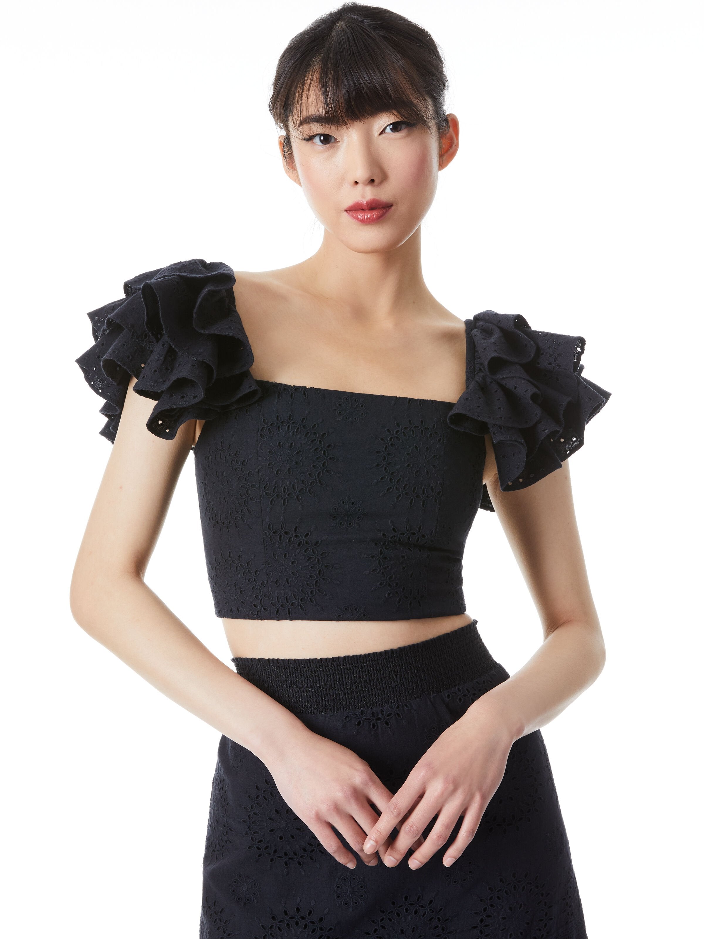 TAWNY EYELET SQUARE NECK RUFFLE CROP TOP-ALICE + OLIVIA