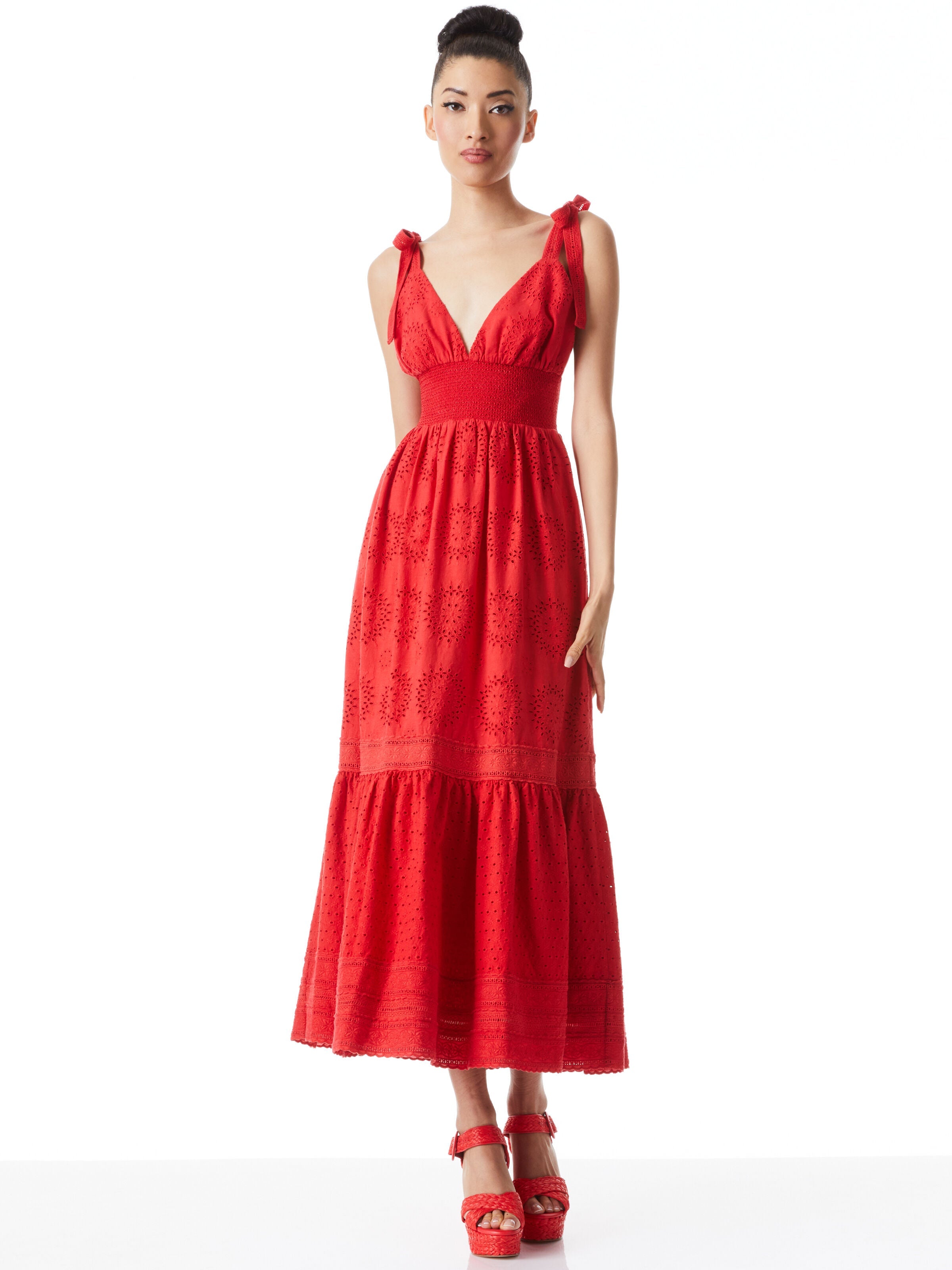 LEVINE SMOCKED WAIST EYELET MIDI DRESS-ALICE + OLIVIA